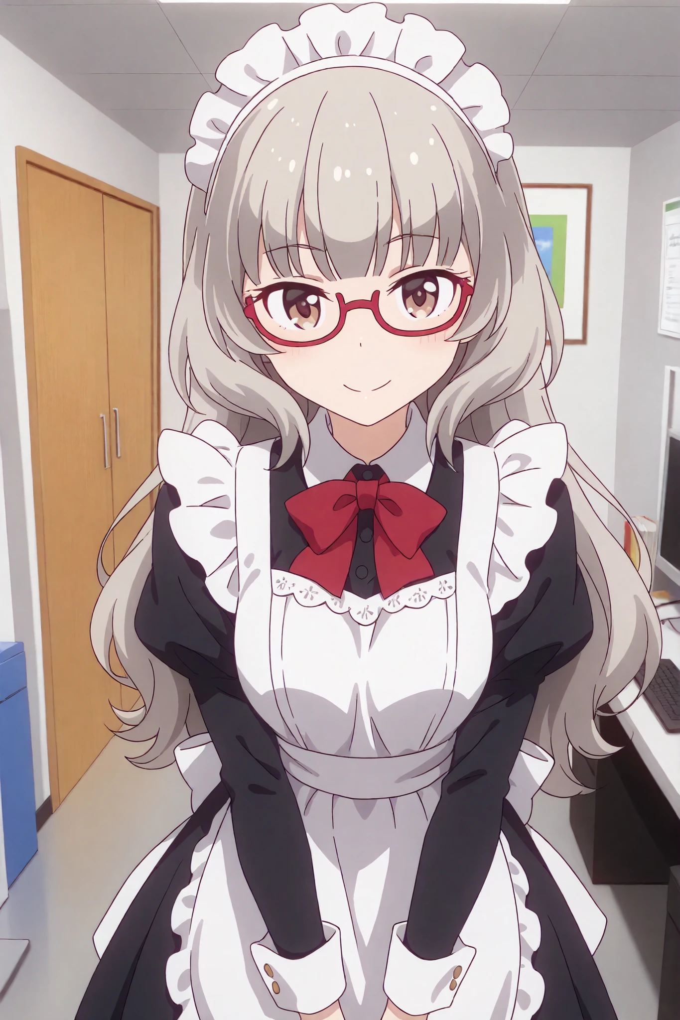 very awa, detailed eyes, shining eyes, masterpiece, best quality, ultra-detailed, (8k), (hdr), (ultra-detailed), absurdres, looking at viewer, solo, 1girl, girl, indoors, office, smile, aashizuku, brown eyes, grey hair, red-framed eyewear, under-rim eyewear, maid headress, maid outfit, ((standing, cowboy shot))