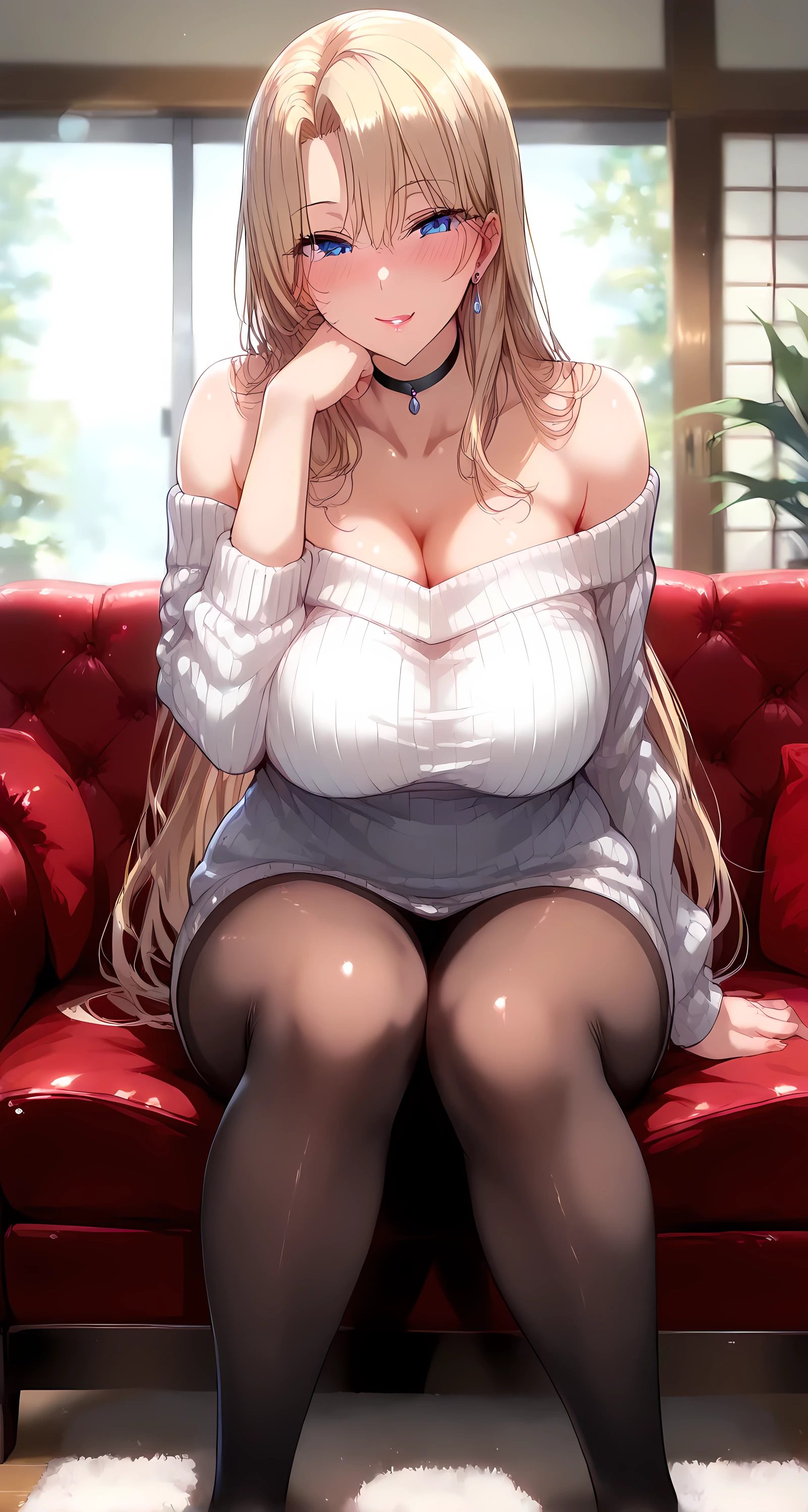 (masterpiece, best_quality:1.2), 1girl, solo, mature female, very long hair, blonde hair, blue eyes , ( white sweater, ribbed sweater, off-shoulder sweater, pantyhose, black choker), beautiful eyes, female focus, looking at viewer, smile, blush, proud, horny, collarbone, medium breast, symmetrical body, ((solo)), detailed, very high resolution, no blurry image, (shot), beautiful, suspicious, sexy, lewd, cheating, intricate details, detailed background, outdoors:1.3, attractive body, Full body, (perfect hands, perfect fingers, perfect number of hands and legs, Perfect length body, Perfect lips, Perfect eyes, Slender legs), Throw, (Japanese living room, sitting straight on red sofa, head rest:1.2 with hand)