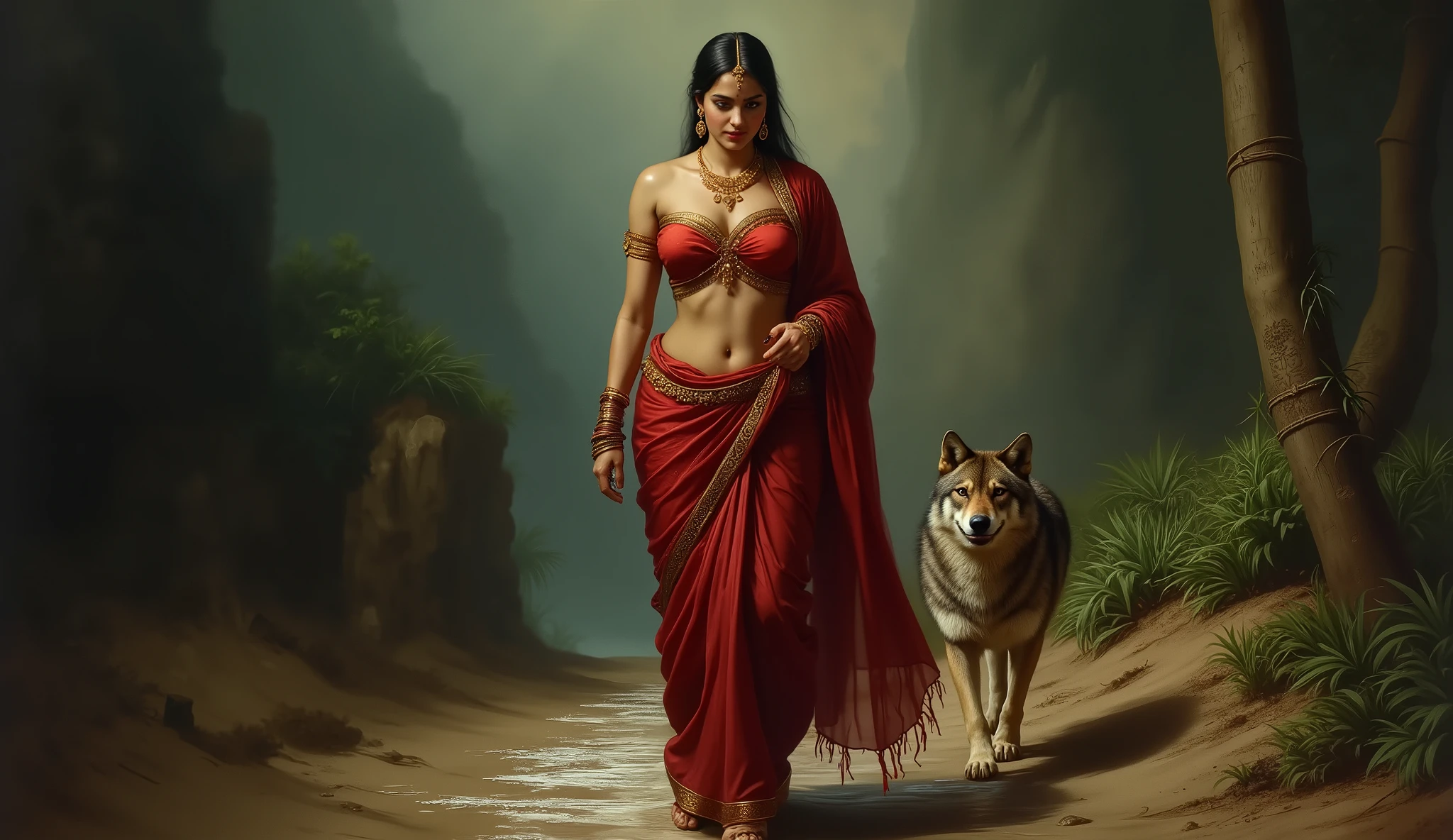 Full hd elegant picture of a villager is walking in dark scary desert where a beautiful and sexy women walking with the blood on her body and she is wearing wet saree and wet blouse and a wolf staring at her