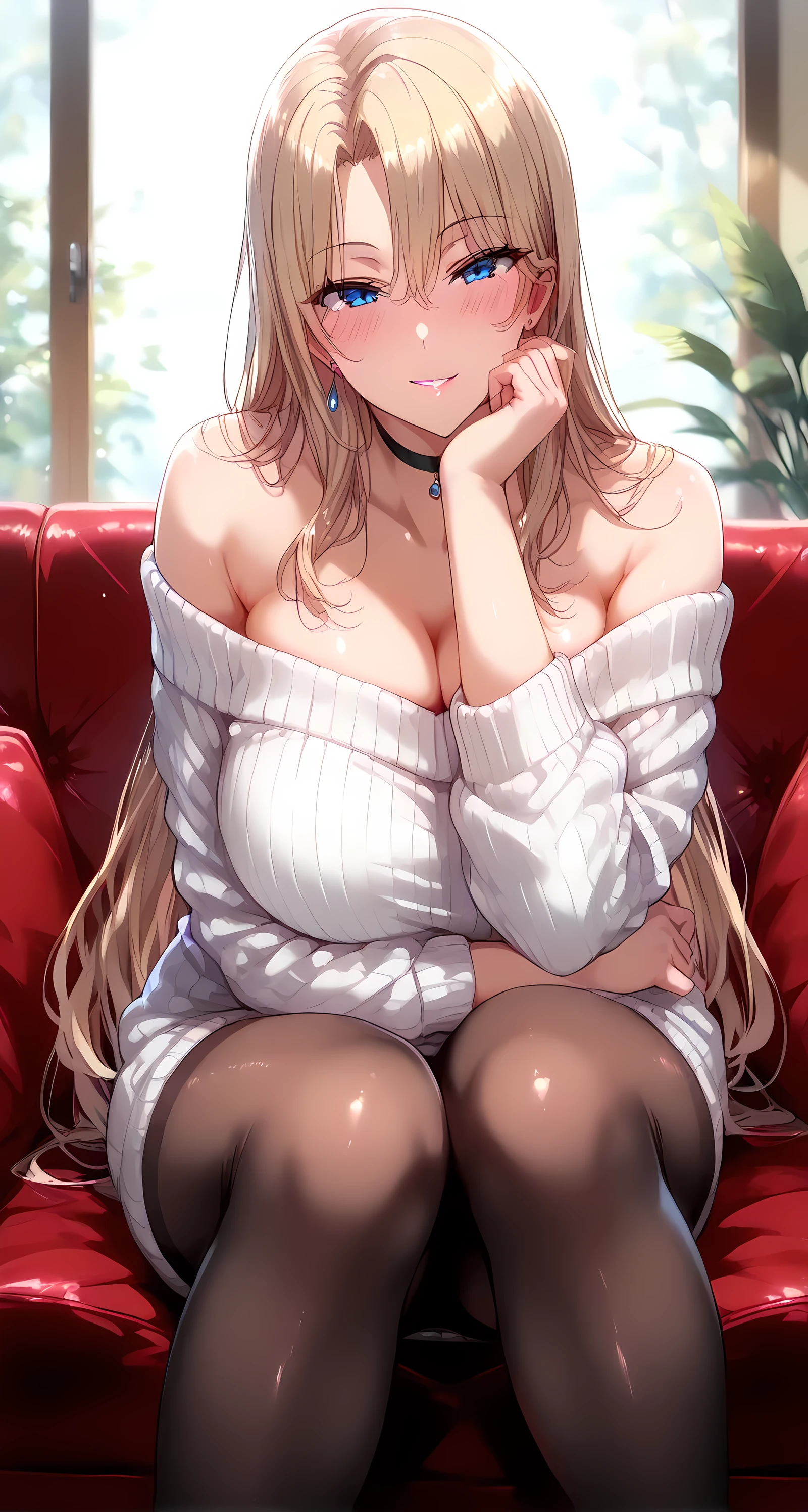 (masterpiece, best_quality:1.2), 1girl, solo, mature female, very long hair, blonde hair, blue eyes , ( white sweater, ribbed sweater, off-shoulder sweater, pantyhose, black choker), beautiful eyes, female focus, looking at viewer, smile, blush, proud, horny, collarbone, medium breast, symmetrical body, ((solo)), detailed, very high resolution, no blurry image, (shot), beautiful, suspicious, sexy, lewd, cheating, intricate details, detailed background, outdoors:1.3, attractive body, Full body, (perfect hands, perfect fingers, perfect number of hands and legs, Perfect length body, Perfect lips, Perfect eyes, Slender legs), Throw, (Japanese living room, sitting straight on red sofa, head rest:1.2 with hand)