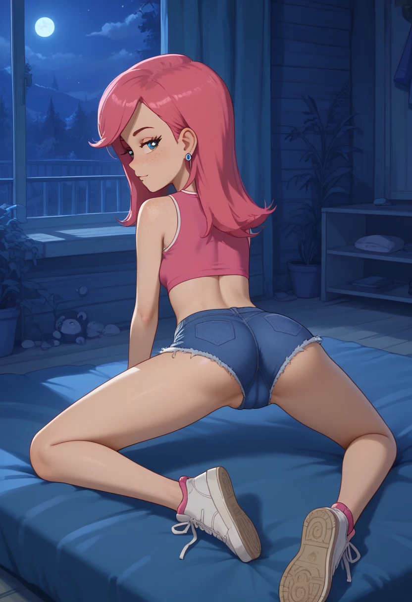 score_8, score_9, skinny shorty undersized solo female focus, long pink hair girl,  bedroom eyes, huge blue eyes, olya, freckles , prostokvashino cartoon character, sly, earclips, navel, midriff, teasing, sports top, denim shorts, white sneakers, on mattress, bedroom background, night, dark, arched back, rear view, perfect butt,