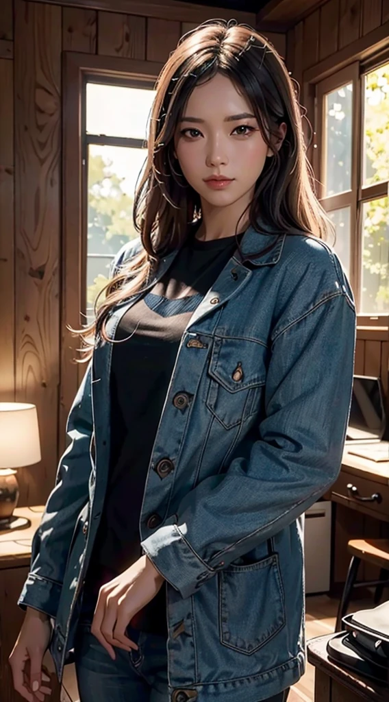 High resolution, Highest Quality, ultra-quality, Super Detail, A hyper-realistic, Photorealistic, show entire body, feet in view, aerial view, gorgeous brunette, perfect body, jeans jumpsuit, workshop clothes, sitting at office desk, smiling, various poses, inside a garage, 8k, photorealistic, sensual pose, sweating, ((short wavy hair)),  jewelry, sweaty, eyes on camera, oil stained skin, hands on desk, open your legs, (( open)), ((wet skin)),