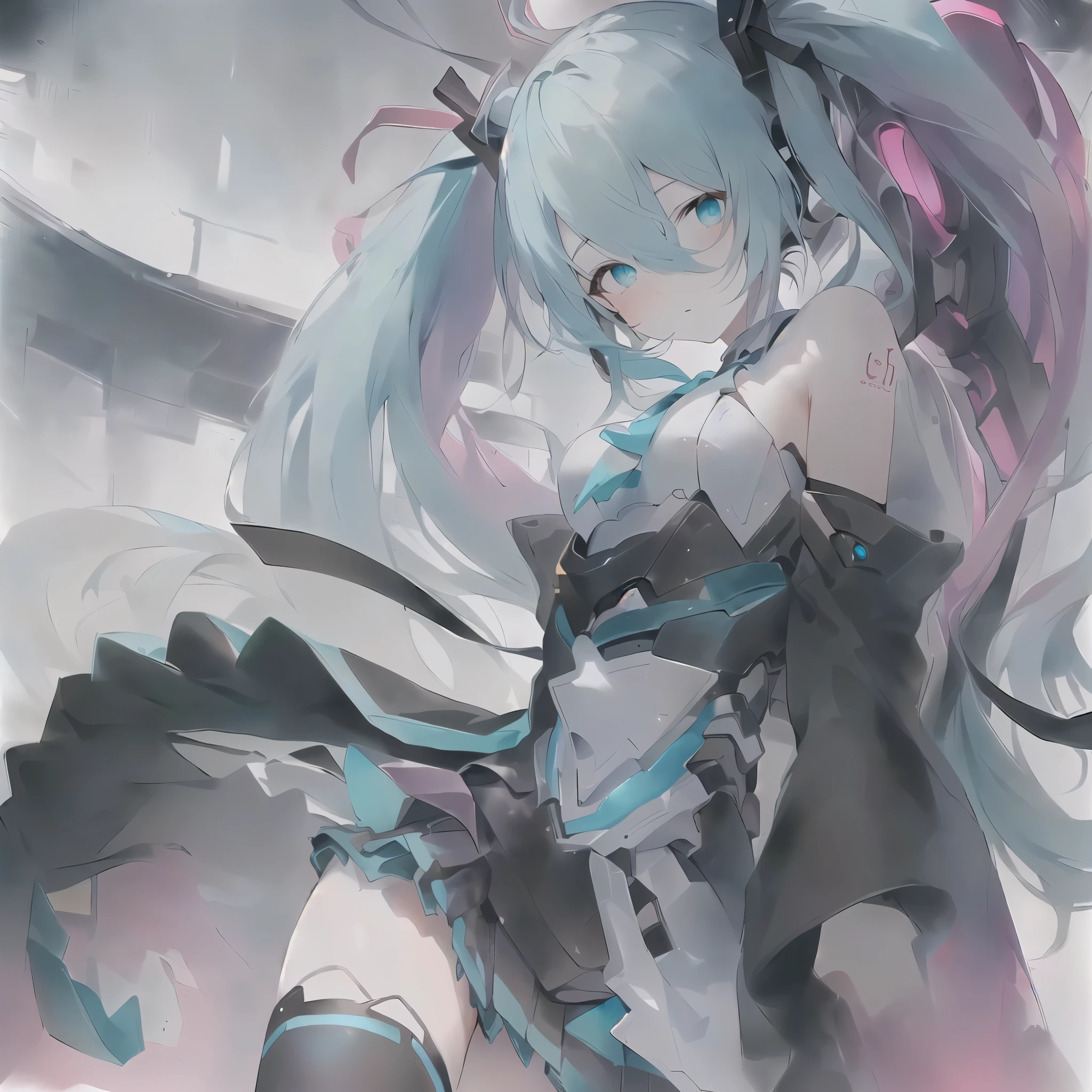 Let's start with a base illustration of a young female character.
Adjust the hair color to Hatsune Miku's iconic turquoise blue.
Style the hair to be very long, reaching below the waist, in twin tails. Ensure the twin tails are evenly balanced and neatly wrapped at the top.
Give the hair a glossy appearance and a slightly voluminous texture.
Create a youthful and cute facial expression with large, expressive eyes. The eye color should be a bright shade of blue.
Give her a characteristic slim and petite body frame.
Remove the distinctive outfit consisting of a sleeveless top, tie, and pleated skirt. Include shades of teal and black in the color scheme.
Include signature accessories such as a futuristic headset, microphone, and detachable sleeves.
Optionally, add knee-high boots or thigh-high socks in matching color tones.
Provide a background that complements the aesthetic, such as a futuristic cityscape or a concert stage with colorful lights.
Please note that due to the complexity of the instructions, it may be challenging for an AI to accurately generate an image based on the exact specifications provided.
Please draw it in a sketch-like style, resembling an idea sketch.
A drawing that looks like it was done with a pencil. A picture drawn in a messy manner. A drawing done with hesitation.Soft Joints - Dancer's Joints - Twisting the Hips Dramatically - No Use of Black in Outlines - Pink Illumination - Lowered Gaze - Slender Eyes - Puffy Cheeks - Visible Abdominal Skin - Hair Color is Aqua - Hair Doesn't Turn Green - Employing Light Pastel Colors for Outlines.