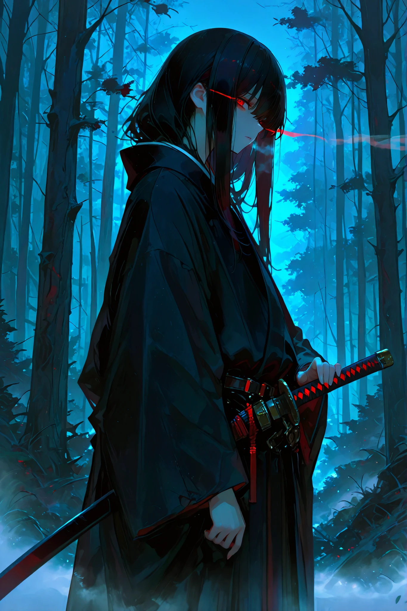 sheathed sword,748cmstyle, 1girl, solo, best quality, red eyes, long black hair, black japanese robes, katana at side, scabbard, sheathed katana, standing, forest, dignified, noble, calm, night, sideview, night, eye trail, hand on hilt, glancing at viewer, fog, mysterious, ominous, large katana
