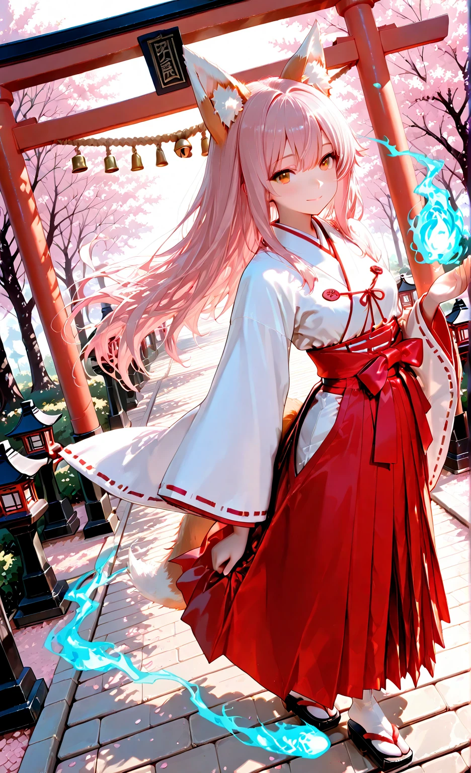 ((A pink-haired))，The hair was long，green eyes,Very long dull hairs，dark city background，white kimono costume，White miko stockings，white , night,standing,pink hair,pink hair,forest background,mountain,smile,smile,laugh,long hair,