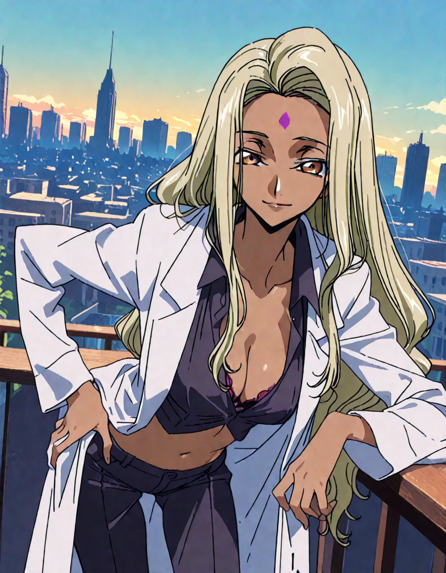 anime screencap, anime coloring, detailed face, masterpiece, best quality, very aesthetic, absurdres,  official style, amazing quality, ultra detailed,  highres, amazing quality, scenery, beautiful detailed hair, beautiful detailed eyes,
 <lora:Rakshata_Chawla_Code_Geass:1>
outdoors, trees, blue sky, 
(Rakshata Outfit 2), Rakshata Chawla, 1girl, solo, blonde hair, blue eyes, midriff, long hair, dark skin, hand in pocket, orange shirt, black shoulder pads, black collar, black cuffs, jeans, dark-skinned female, navel, cleavage, crop top, , lab coat, pants, facial mark, :D