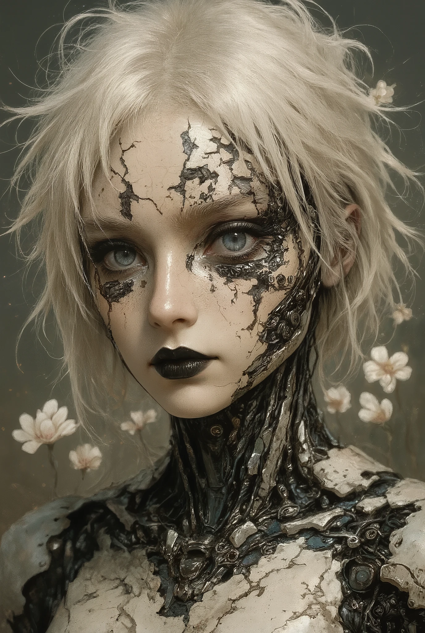 semi-realistic,HassaKu_illu, artist:moriimee, 748cmstyle, jsyu_style, 2025. 09, (1girl, solo, masterpiece, best quality, amazing quality, absurdres, newest), BREAK, depth of field, flowers, cyborg, wires, broken, white hair, messy hair, hair covering eyes, hair over eyes, blunt bangs, black lipstick, robot