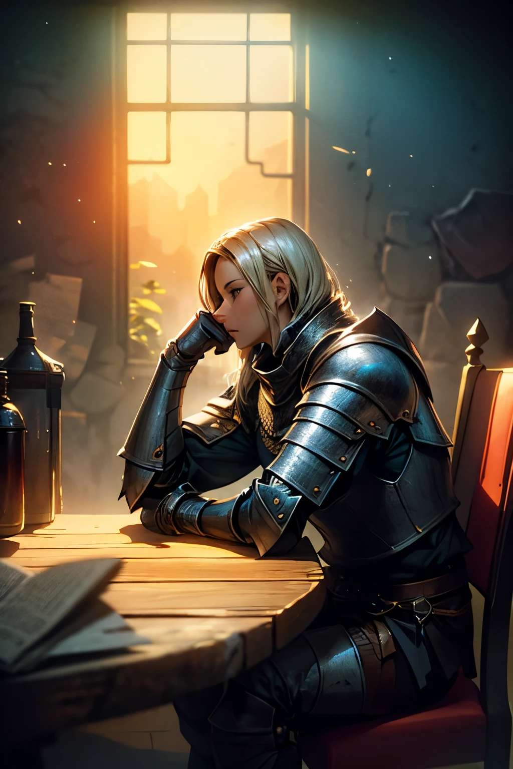 masterpiece, 1man, muscular body, knight wearing zirah armor, sitting on chair, holding a coffee, indoor setting, window showing heavy clouds outside, golden hour lighting, background details, arms resting on table, close up shot, high angle perspective, side view, RAW photo, detailed shadows, high resolution, 8k quality, realistic texture, dramatic lighting, atmospheric mood, professional photography, detailed metallic reflections on armor, warm color palette, cinematic composition