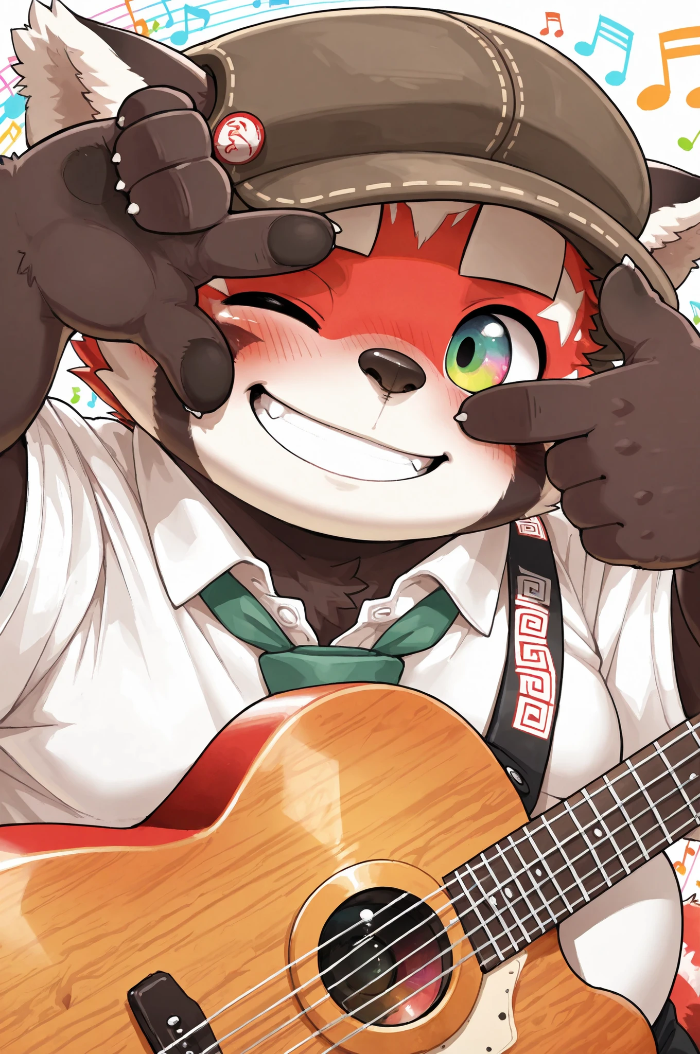 best quality, masterpiece, amazing quality, absurdres, newest, highres, dreamlike atmosphere, dreamlike majestic, detailed,  BREAK
 tas-zhurongb, red_panda, 1boy, brown fur, chubby, young, aged_down:0.5, parted lips, chubby face, solo, 
, eye focus, finger frame over eye, one eye closed, smile, blush, finger frame, white shirt, collared shirt, green necktie, smile, playing the guitar, music notes, dynamic pose, black_deerstalker, close-up, (profile)