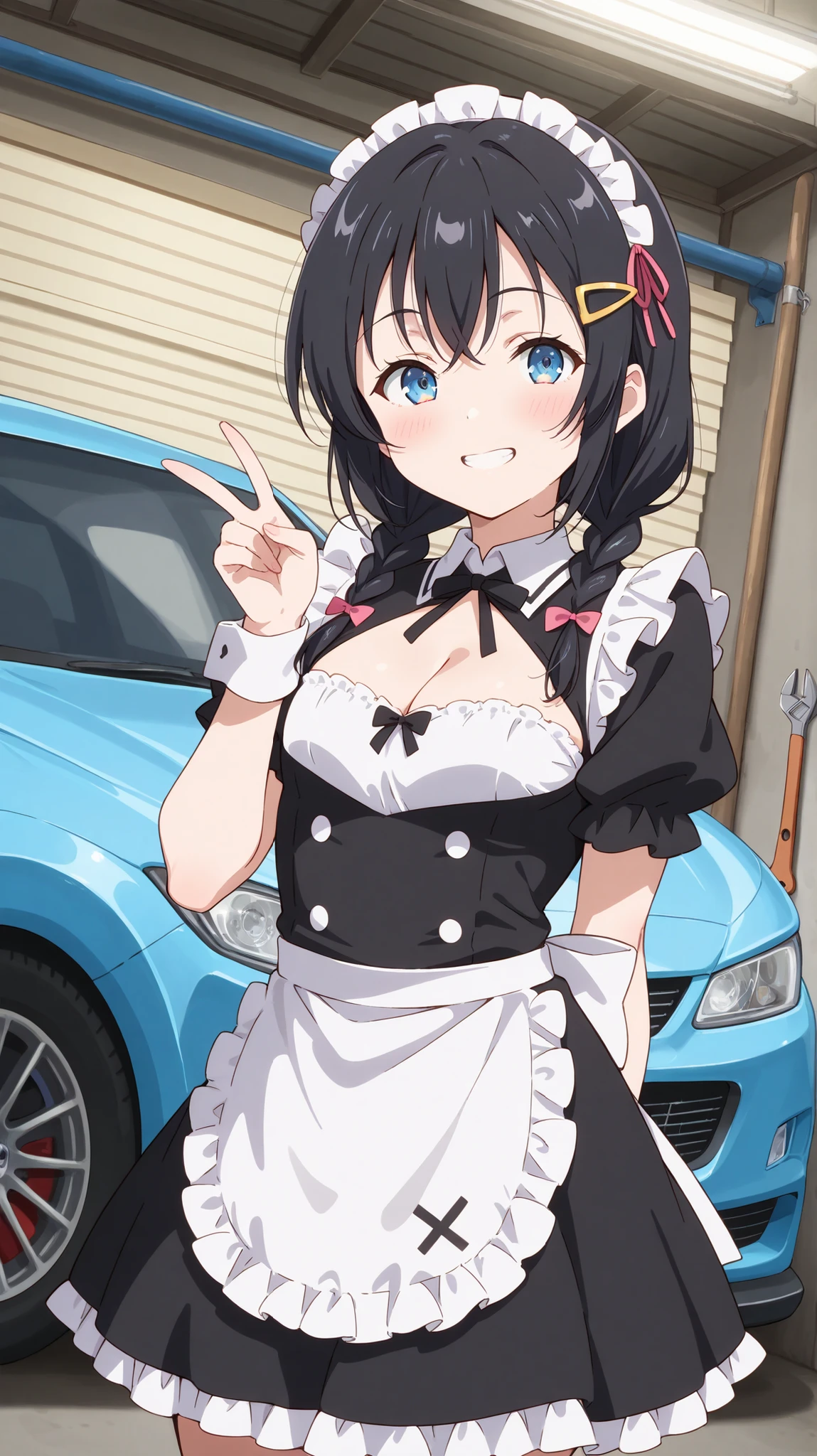 masterpiece , best quality , highly detailed , ultra high res , Score_9, Score_8_up, Score_7_up, perfect anatomy, detailed fingers, detailed eyes, cowboy shot, dutch angle, focus on face, 1 girl, flat chest, big breasts, cleavage, black hair, blue eyes, hair all up, tied braids, gothic maid uniform, hand behind your back, wrench, car hood, careless, peace sign, mischievous laugh, garage, blush, grin, happy, fun, she posing, in her garage, pastel decorated garage, she is chilling, side , hair clips,