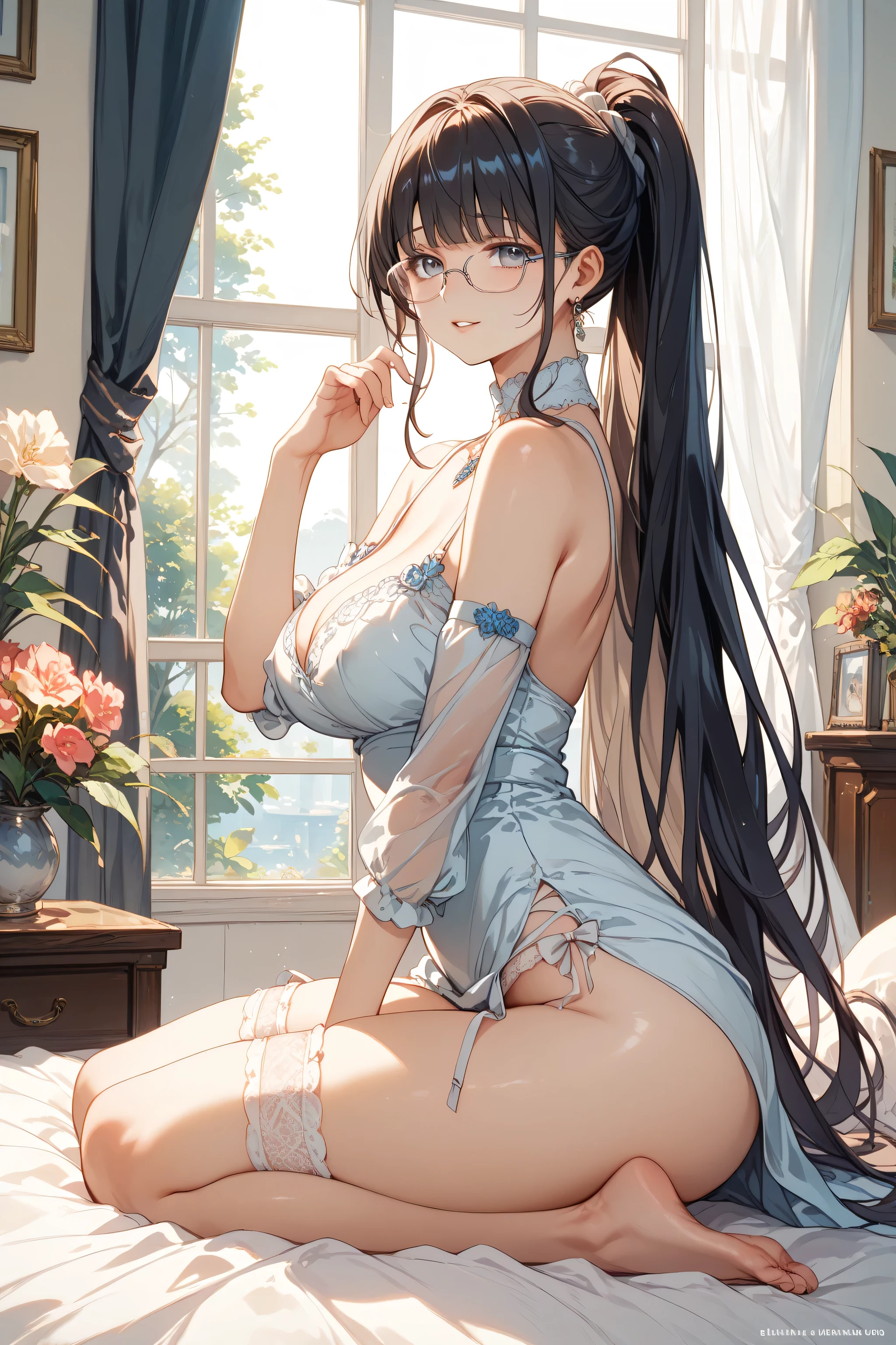 married woman、mature、glasses、dark haired、ponytail from the front、prom dress、garter、Disheveled、ejection、boobs、Ride Position、masterpiece, Highest Quality, amazing quality,