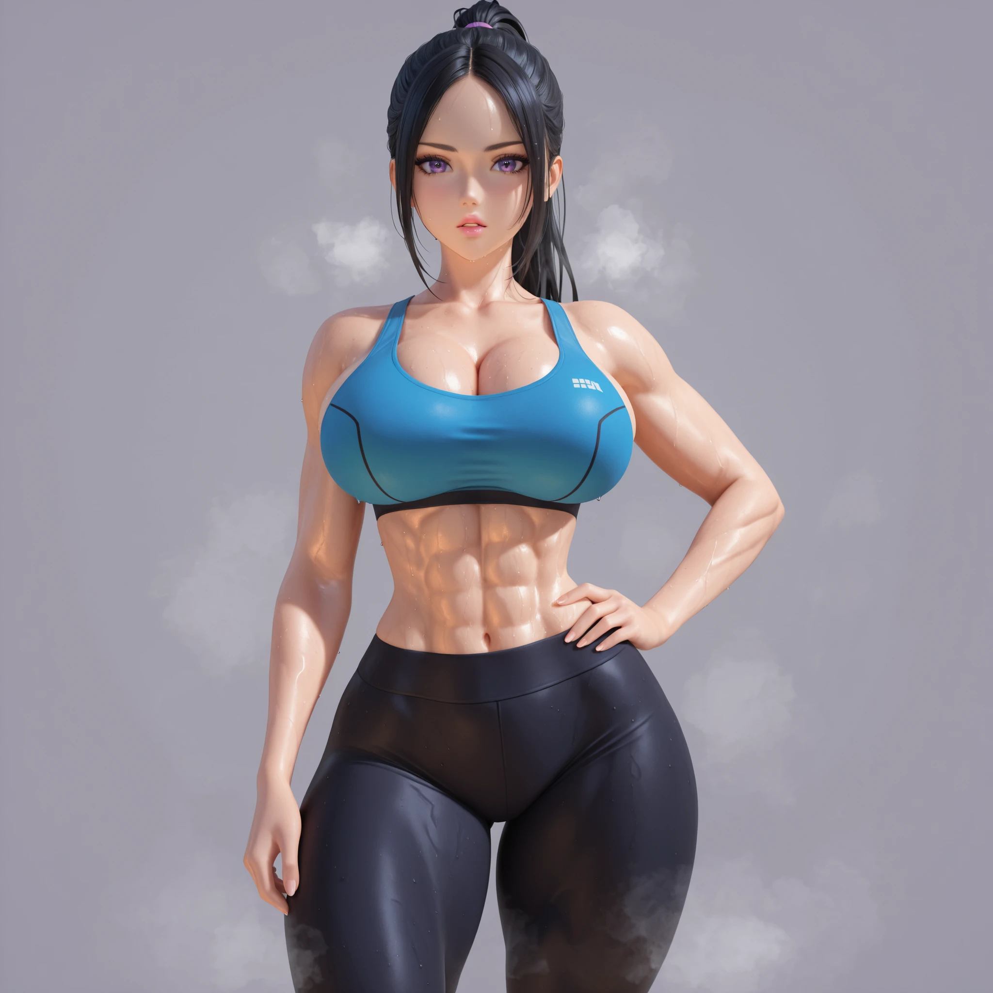 masterpiece, ultra-HD, impressionism, high detail, best quality, very aesthetic, 8K, best quality, beautiful, ultra-high resolution, 32K UHD, 3D, 1girl, solo, long black hair, ponytail, parted bangs, forehead, almond-shaped eyes, purple eyes, eyelashes, pink lips, big breasts, narrow waist, wide hips, thick thighs, shapely legs, toned, slim, blue sports bra, cleavage, black leggings, blushed, serious, parted lips, cute, steam, sweaty, hand on hips, standing, looking at the viewer, simple background, front view