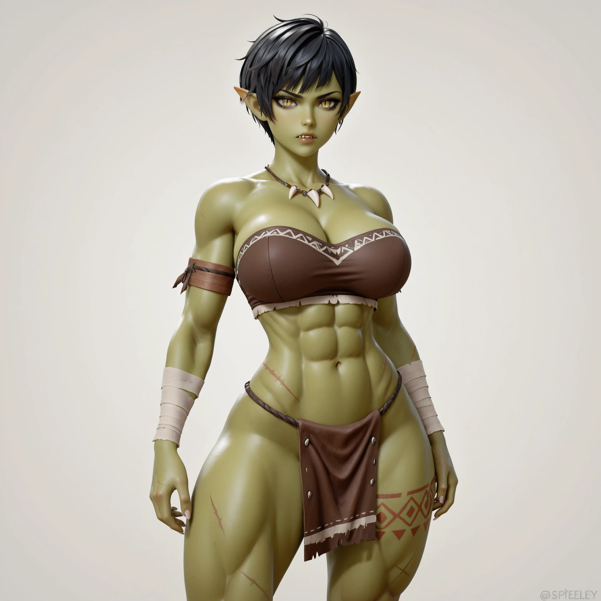 masterpiece, ultra-HD, impressionism, high detail, best quality, very aesthetic, 8K, best quality, beautiful, ultra-high resolution, 32K UHD, 3D, 1woman, solo, orc woman, short messy black hair, pixie cut, yellow eyes, slit pupils, almond-shaped eyes, eyelashes, black eyeliner, pointy ears, green skin, full lips, sharp fangs, big breasts, wide hips, narrow waist, thick thighs, shapely legs, toned, muscular, slim, scars, bandage, brown strapless crop top, loincloth, tribal bodypainting, tooth necklace, serious, standing, looking at the viewer, simple background, front view