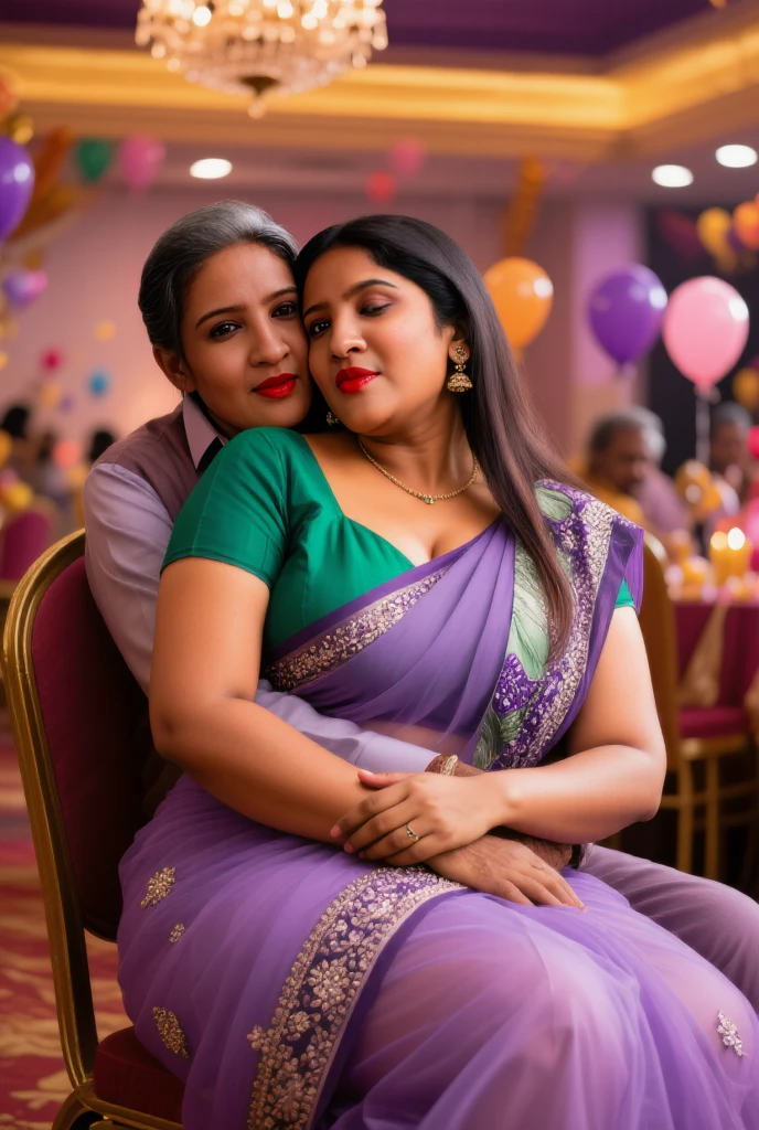 Full body image, a 50 year old men in a bedroom, front view Full body image, 2 indian hourglass body, Indian plus sized 25 year old Telugu womens , lovely faces, partially closed eyes, wearing highly embroideried light purple colour chiffon blouse, square cut blouse,and light purple colour body tight chiffon saree , one teenage girl wearing green chiffon saree, they are hugging him , one girl kissing on his cheeks from left side, and another girl kissing on his lips and touching on his private body part, on bed' hall, romantic movie stills photography, movie stills, movie photo, hd movie photo, movie still promotion, film movie still, still from movie, dynamic movie still, still from a movie, movie still 8 k, movie film still, still from the movie, cinematic movie still, promotional movie still,