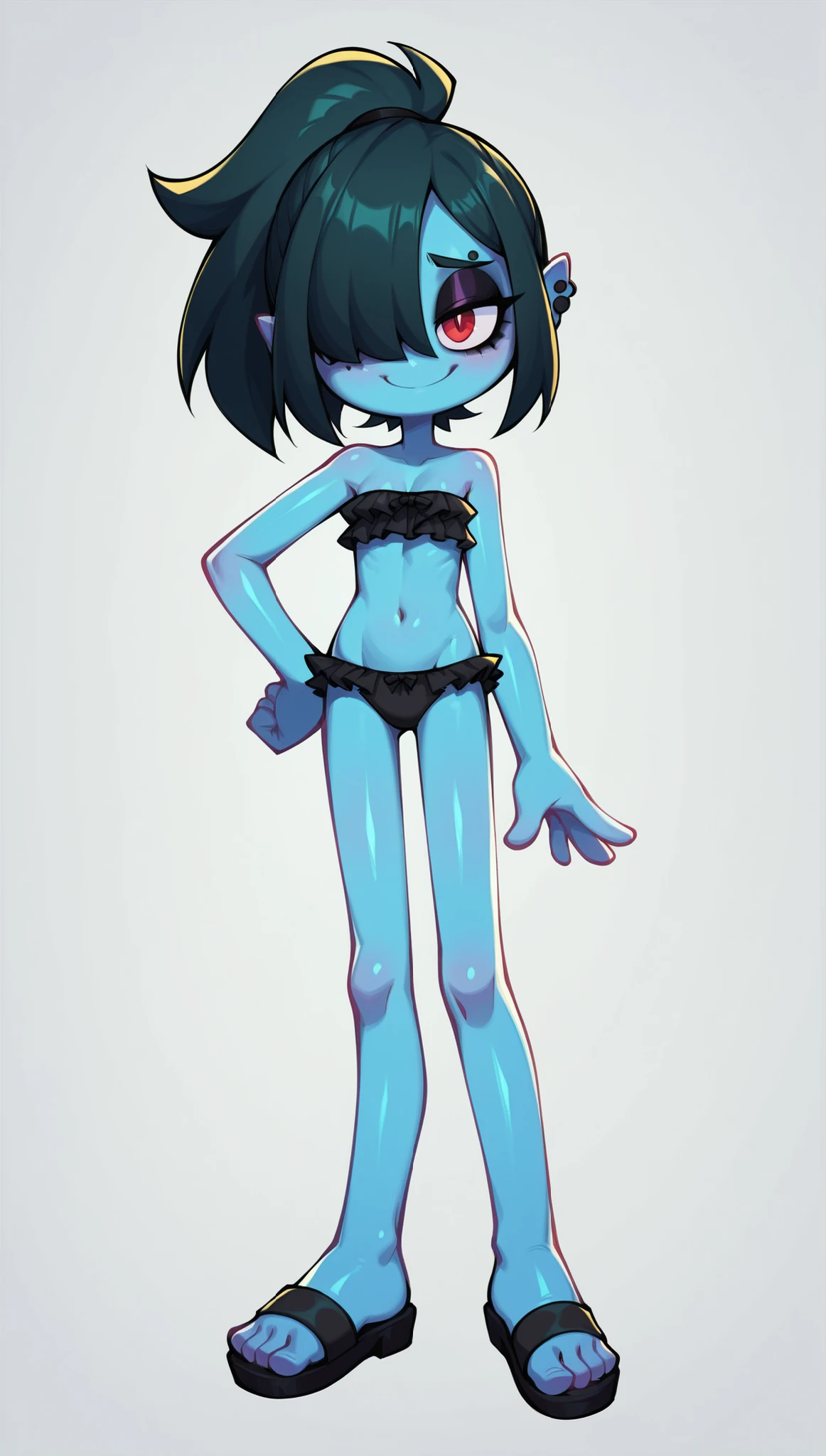 score_9, score_8_up, score_7_up, source_anime, 1girl, solo, monster girl, deep black hair, spiky pointed bangs, pointed spiky topknot ponytail, red eyes, narrowed eyes, hair covering one eye, grey skin, four fingers, makeup, eyeshadows, ((black bundeau strapless frilly bikini, sandals)), naughty expression, shiny skin, full body, feets with three toes, finn ears, cute, oily skin, smile, shy, standing, cute pose, sexy, anime style, thick outline, countershading, anime style, slender body, short body, 2D animation, noseless, looking at you, one hand on own hip, white background, simple background, emo, goth,