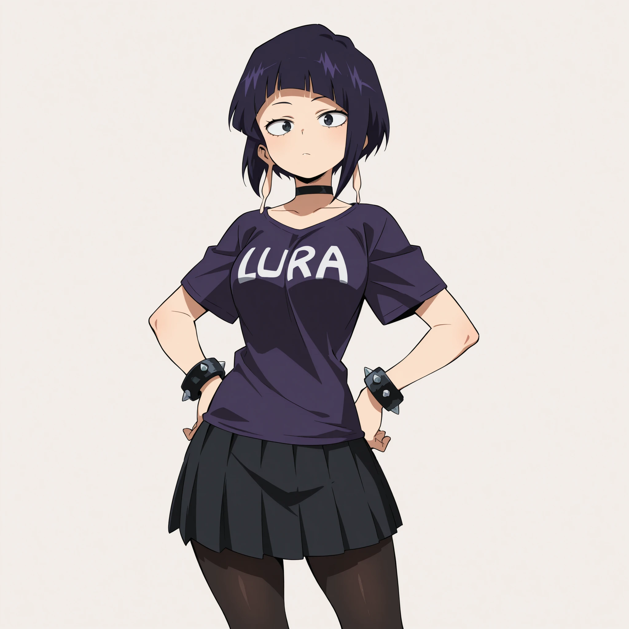 masterpiece, ultra-HD, impressionism, high detail, best quality, very aesthetic, 8K, best quality, beautiful, ultra-high resolution, 32K UHD, 1girl, solo, illujiro, short hair, bangs, long earlobes, purple hair, black hair, black eyes, eyelashes, , narrow waist, wide , thick thighs, shapely legs, slim, purple t-shirt, black pleated skirt, black choker, black pantyhose, spiked bracelet, blushed, neutral expression, cute, hand on , standing, looking at viewer, simple background, from the front view