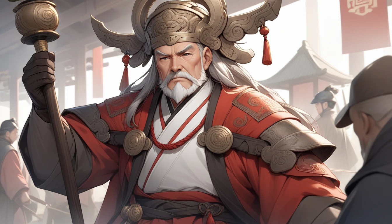 alone、Oriental、Ancient Chinese man in black costume、Holding a feather fan、Highest quality、masterpiece、Ultra-high resolution、(Realistic:1.4)、Game Poster、Crisp and beautiful image quality、（Bearded Man）,Ancient Chinese hairstyle with a large plain white beret loosely covering the head like a turban、