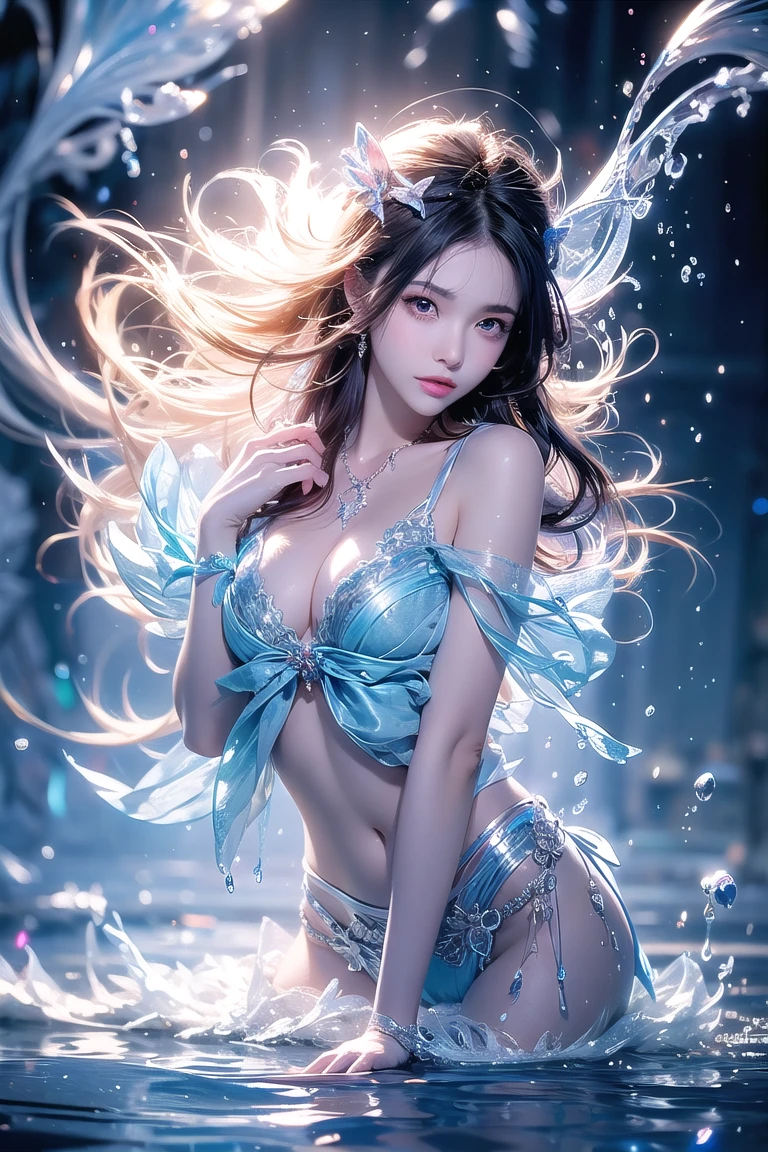 beautiful girl, full body, string pose, Dark cavern, ocean waves, masterpiece, cinematic composition, game cg, beautiful detailed glow, detailed, warm light, intricate detail, highres, detailed facial features, high detail, sharp focus, smooth, aesthetic, extremely detailed, bright colors