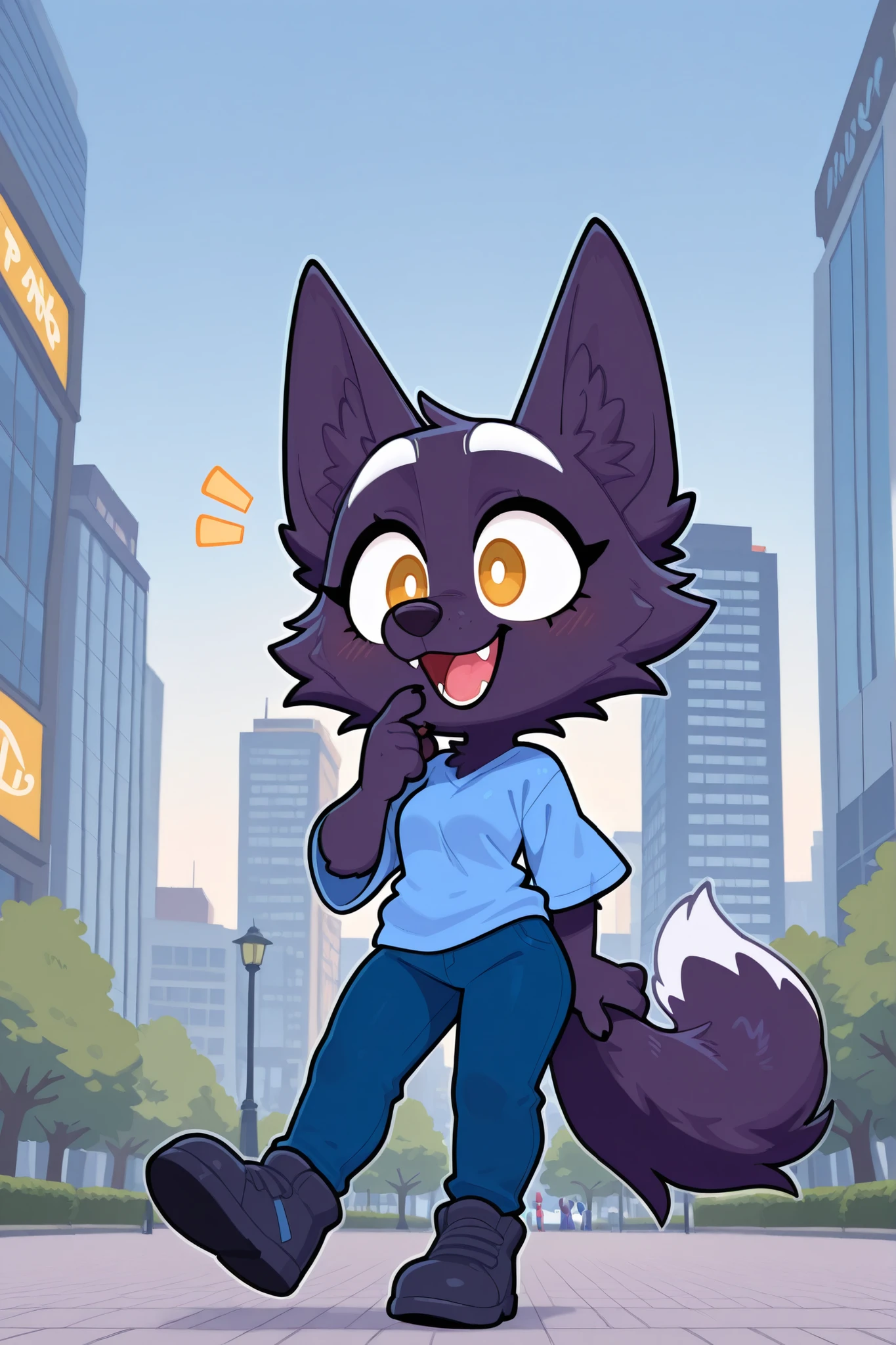 an indigo wolf walking in the park at morning wearing a blue hoode and blue pants, city background, happy expression, white eyebrows.