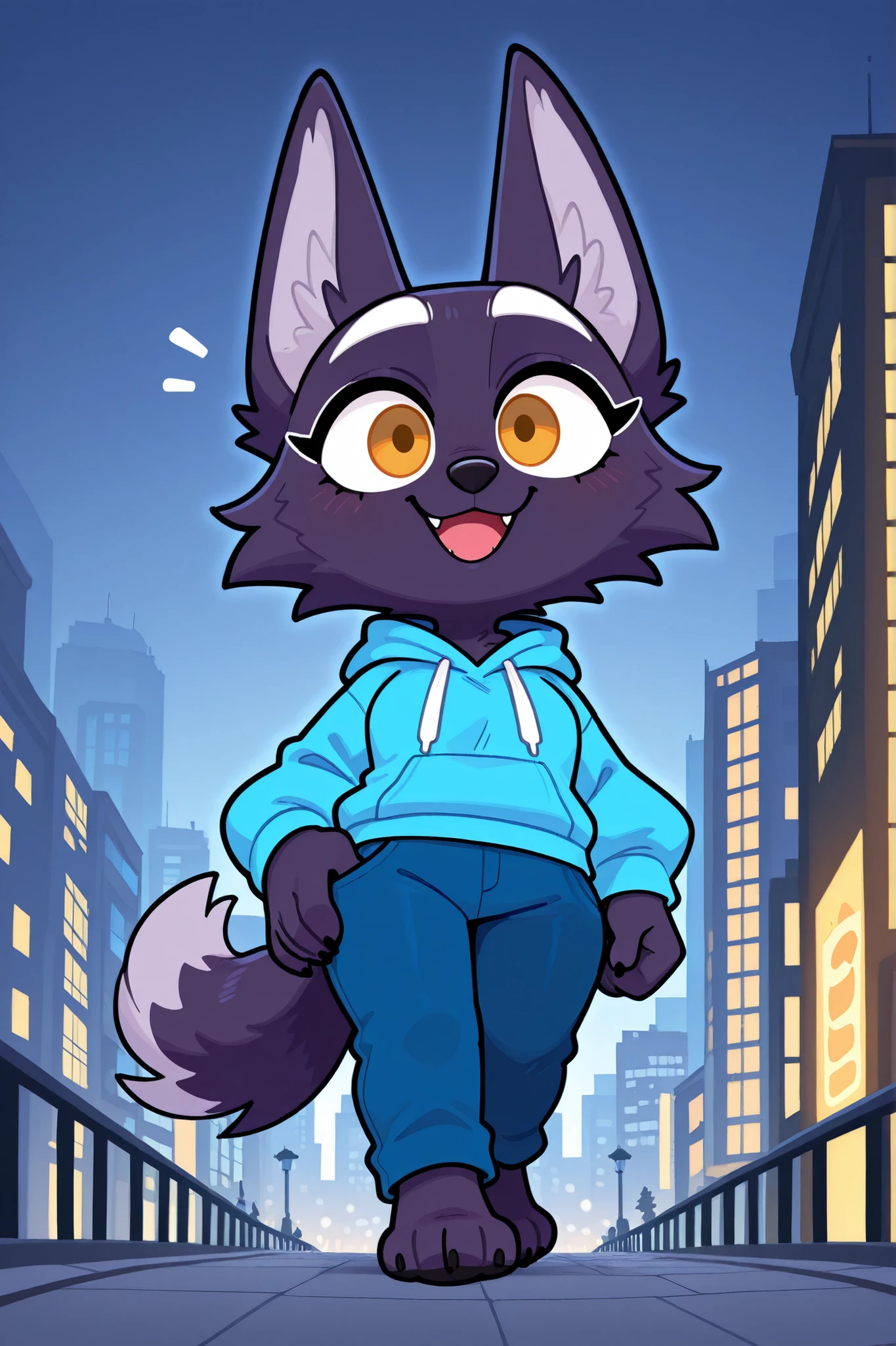 an indigo wolf walking in the park at morning wearing a blue hoode and blue pants, city background, happy expression, white eyebrows.