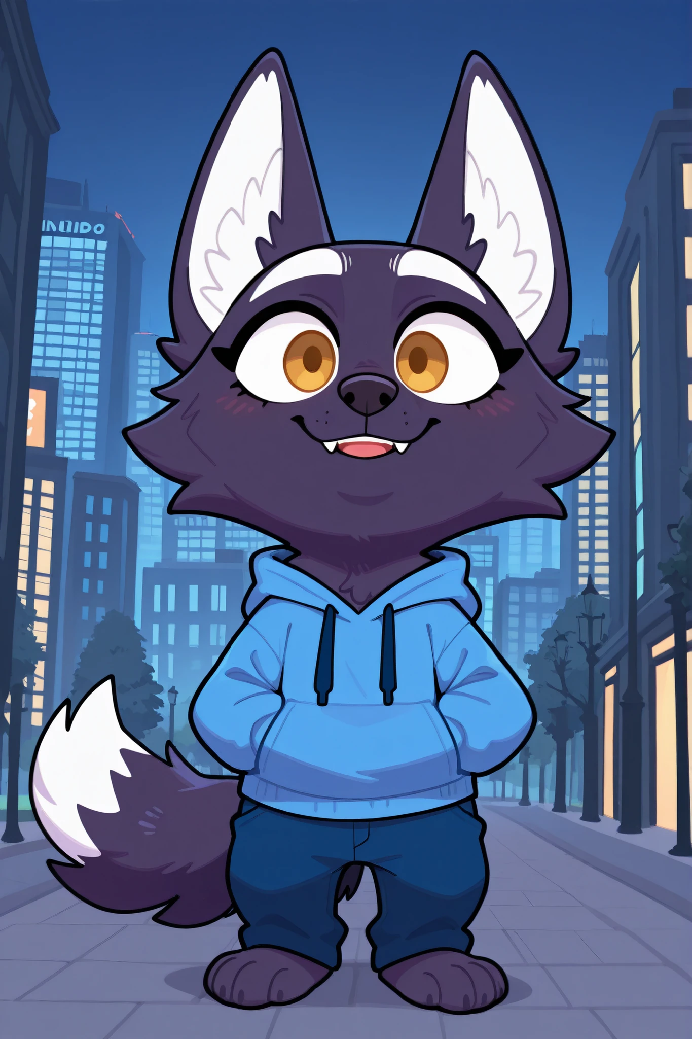 an indigo wolf walking in the park at morning wearing a blue hoode and blue pants, city background, happy expression, white eyebrows.