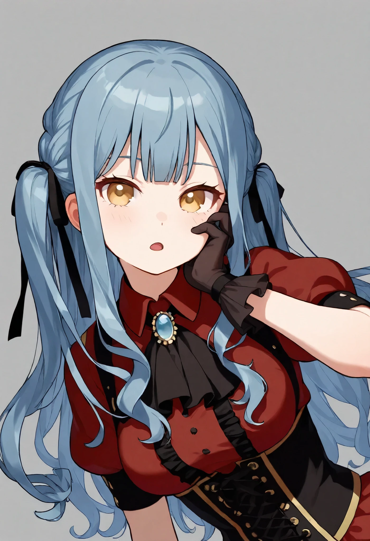 <lora:nyalia:0.2>,<lora:auemujika_V1:1>,1girl, character: togawa sakiko, character: oblivionis \(bang dream!\), solo, simple background, white background, open mouth, sidelocks, two side up, hair ribbon, medium breasts, collared shirt, black gloves, puffy short sleeves, black ribbon, black corset, hand on own cheek, black ascot, blue brooch