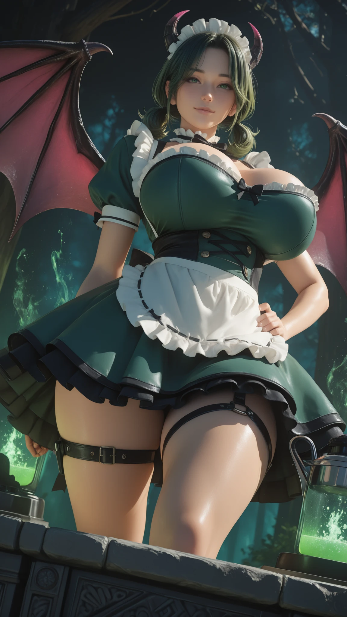 (anime style beautiful girl PVC figure statue), (((close up))), dynamic pose, dynamic angle, arm action, (detailed realistic figure texture), high-quality, highres, cinematic lighting, dramatic shading, masterpiece, best quality, ultra-detailed,
1girl, beautiful mature woman, devilishness maid, (exaggeratedly thick top), intricate detailed gorgeous green dress, intricate pattern, dynamic pose,
Green short hair, twintails, like bat wing, thick thigh, show off hip, frill and decoration on wears, thigh harness,
mysterious expression, enigmatic smile,
fantasy setting, enchanted forest, mossy stone altar, mystical glowing runes, floating magical dust, ancient atmosphere, cinematic lighting,
(close up shot), visible (gigantic huge large big), (thick top of), perfect proportions,
(professional studio lighting), sharp focus, smooth skin texture, detailed clothing texture,
(unreal engine 5, octane render, blender), 8k, hyper-realistic, anime face, 3d, from bust up,