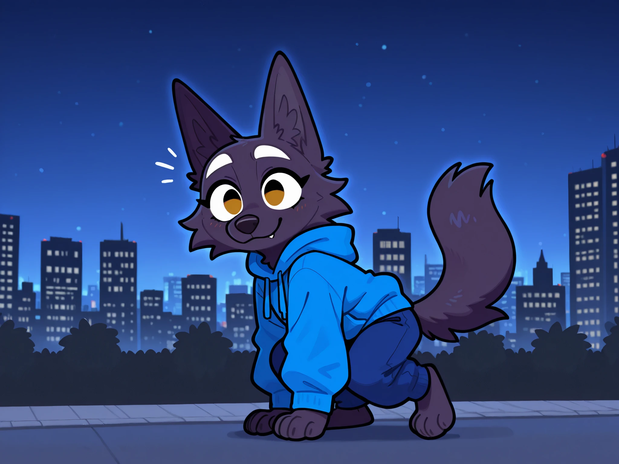 an indigo wolf walking in the park in the morning wearing a blue hoodie and blue pants, Night city background, happy expression, White Eyebrows.