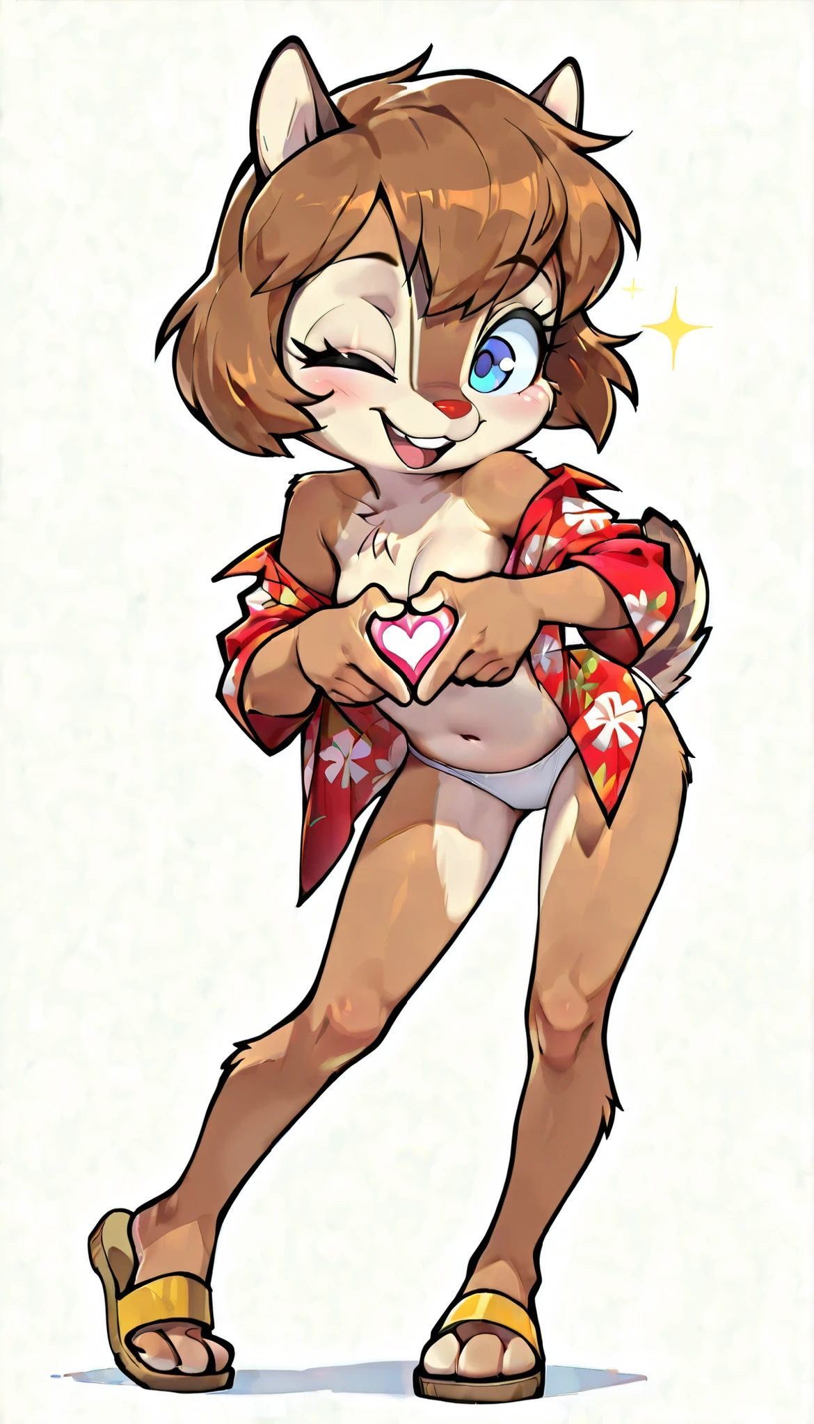 score_9, score_8_up, score_7_up, score_6_up,, hi_res, furry_source, absurdres, masterpiece, best quality, amazing quality, Chip'n Dale Rescue Rangers, 1girl, solo, alone, Femdale, furry, anthro, chipmunk girl, brown fur, blue eyes, chipmunk tail, red nose, brown hair, short hair, bangs, short body, short stature, ((red hawaiian shirt, open clothes, off shoulder, white panties, sandals)), small breasts, navel, (very skinny:1.0), (Small, Short:1.1), (young cub:1.2), full body, feets with three toes, spread buckteeth, white background, simple background, adorable pose, one leg up, standing, heart with hands, smile, open mouth, wink, one eye closed, leaning forward, seductive stare,