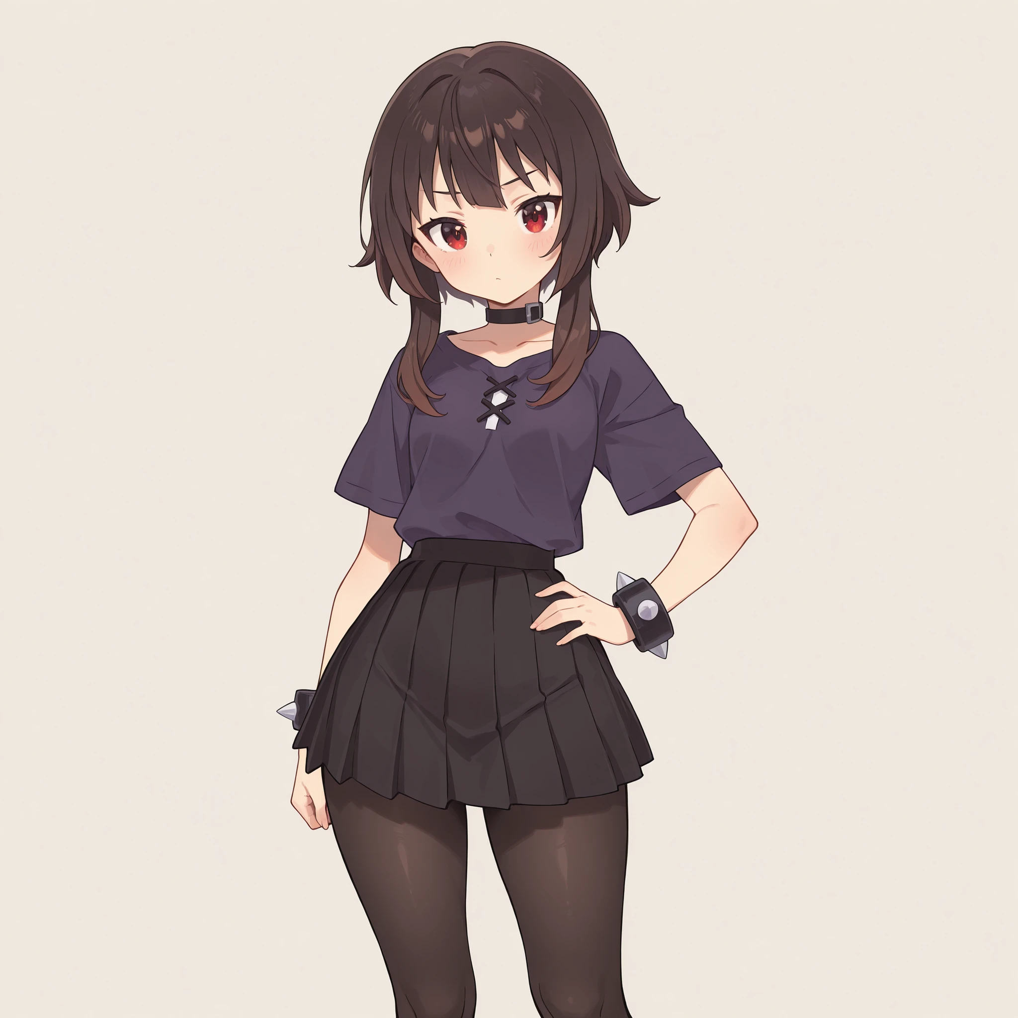 masterpiece, ultra-HD, impressionism, high detail, best quality, very aesthetic, 8K, best quality, beautiful, ultra-high resolution, 32K UHD, 1girl, solo, Megumin-Liver020, short hair, bangs, long locks, brown hair, red eyes, eyelashes, tiny , narrow waist, wide , thick thighs, shapely legs, slim, purple t-shirt, black pleated skirt, black choker, black pantyhose, spiked bracelet, blushed, neutral expression, cute, hand on , standing, looking at viewer, simple background, from the front view
