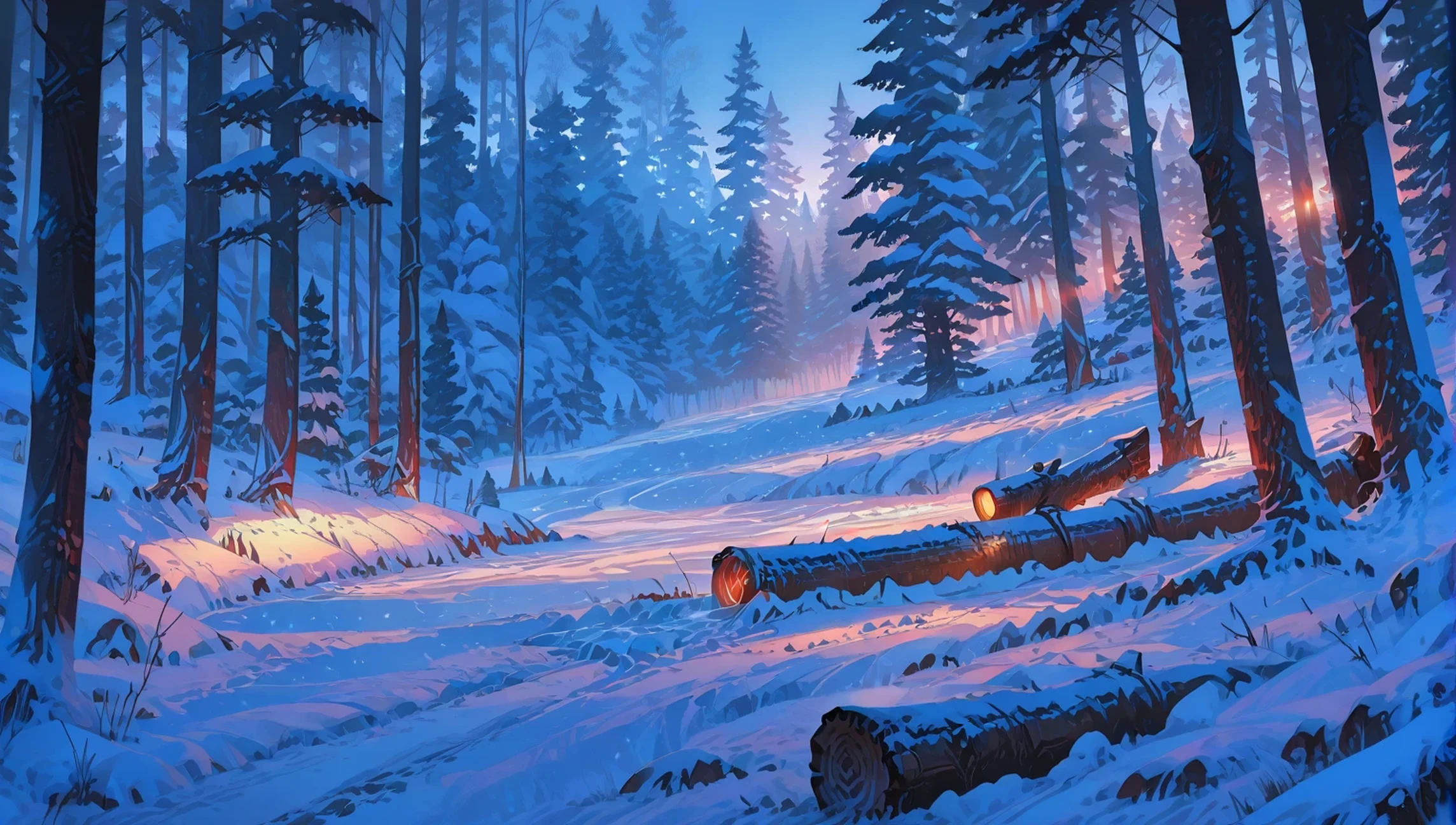 Manga adaptation, score_9, score_8_up the side, score_7_up the side, score_6_up the side, source_anime, anime screencap, hdr, sharp image, anime coloring, line art, best quality, masterpiece, official art, highres, absurdres, cinematic, amazing quality, 4K, 8K, wallpaper background, anime_coloring, wallpaper, extremely detailed, anime aesthetic wallpaper quality, aniwall, 8k wallpaper, detailed, fantasy atmosphere, calm ambience, snowy pine forest interior, pine trees covered with snow, randomly dispatched trees, dense forest depth, snow covering ground, daylight, day time, noon, bright natural sunlight, full daylight, light from above, perfect lighting, warm sunlight on snow, detailed pine trunks, bushes scattered naturally, grassy elements visible under snow, natural scatter of forest details, immersive forest ambience, cinematic forest view, fantasy snowy woods, ((trees on front, low visibility because of trees, trees everwhere, tree trunk blocking view partially))