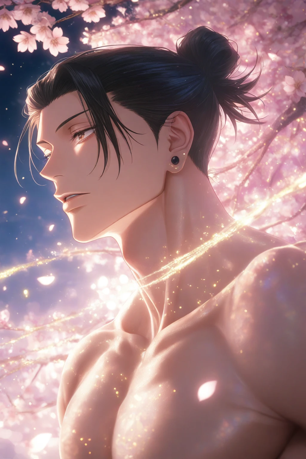 masterpiece,best quality,high quality,(1 male austere handsome solo adult age 30 years:1.5), purple eyes, cool with suspended eyes, V-shaped eyebrows, body strong and fearless 8.5 head tall, height 185 cm, (well-groomed black short hair to neck: 1.4), (bangs 7 thirds parted: 1.4), slender nose,  muscles, throat, (trousers with yukata short sleeved southern star print: 1.3), (running), (stylish pose), (scowling smile: 1.3), (dynamic pose), (background Milky Way and southern star flower field: 1.5), (upper body:1.3)