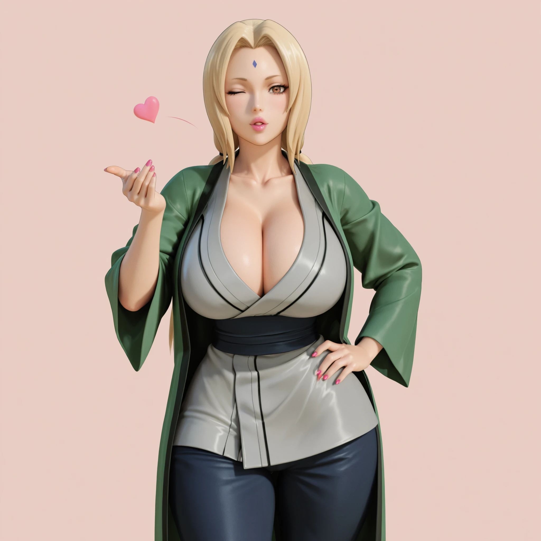 masterpiece, ultra-HD, impressionism, high detail, best quality, very aesthetic, 8K, best quality, beautiful, ultra-high resolution, 32K UHD, 3D, 1woman, mature female, solo, tsunade, blonde hair, long hair, low twintails, brown eyes, eyelashes, pink lips, pink nails, forehead mark, huge breasts, narrow waist, wide hips, thick thighs, shapely legs, slim, haori, grey kimono, sash, collarbone, cleavage, dark blue pants, blushed, kiss, wink, cute, blowing a kiss, standing, looking at viewer, simple background, front view
