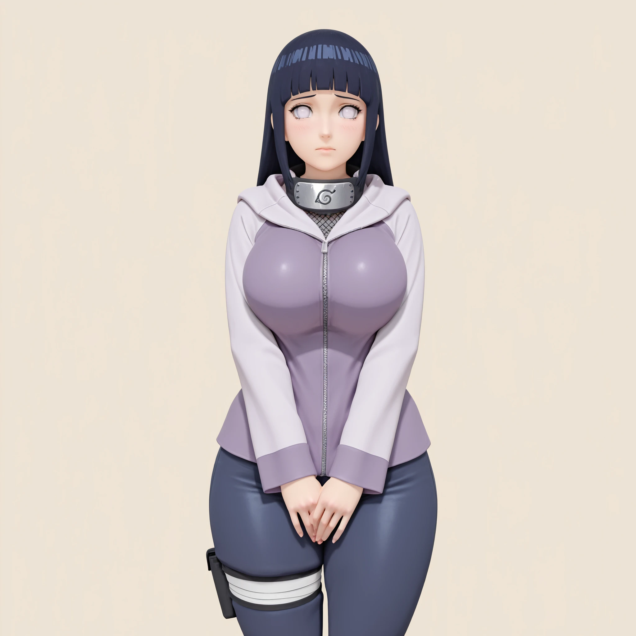 masterpiece, ultra-HD, impressionism, high detail, best quality, very aesthetic, 8K, best quality, beautiful, ultra-high resolution, 32K UHD, 3D, 1girl, solo, Hinata Hyuga, long blue hair, blunt bangs, hime cut, byakugan, white eyes, eyelashes, no pupils, big breasts, narrow waist, wide hips, thick thighs, shapely legs, slim, purple and white hooded jacket, fishnet top, forehead protector around neck, blue pants, bandage, thigh holster, blushed, shy, cute, hands on lap, standing, looking at viewer, simple background, from the front view