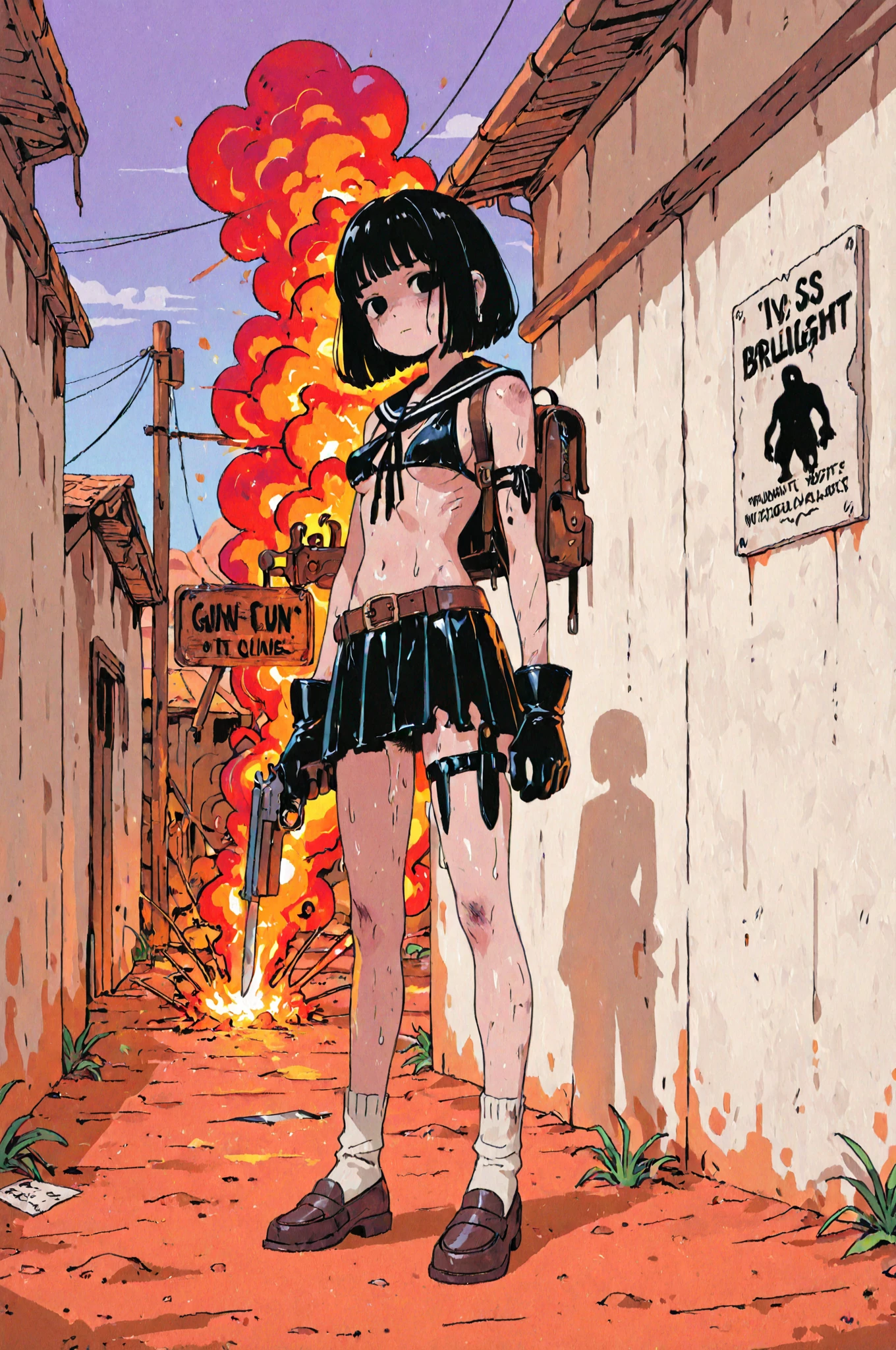 girl noodle gorillaz style, braided black hair, silver necklace with cross pendant, mechanic glove on the left hand, faded red, low-cut white top, red panties, arms and legs with dirt stains, shotgun in the right hand, cyberpunk image style