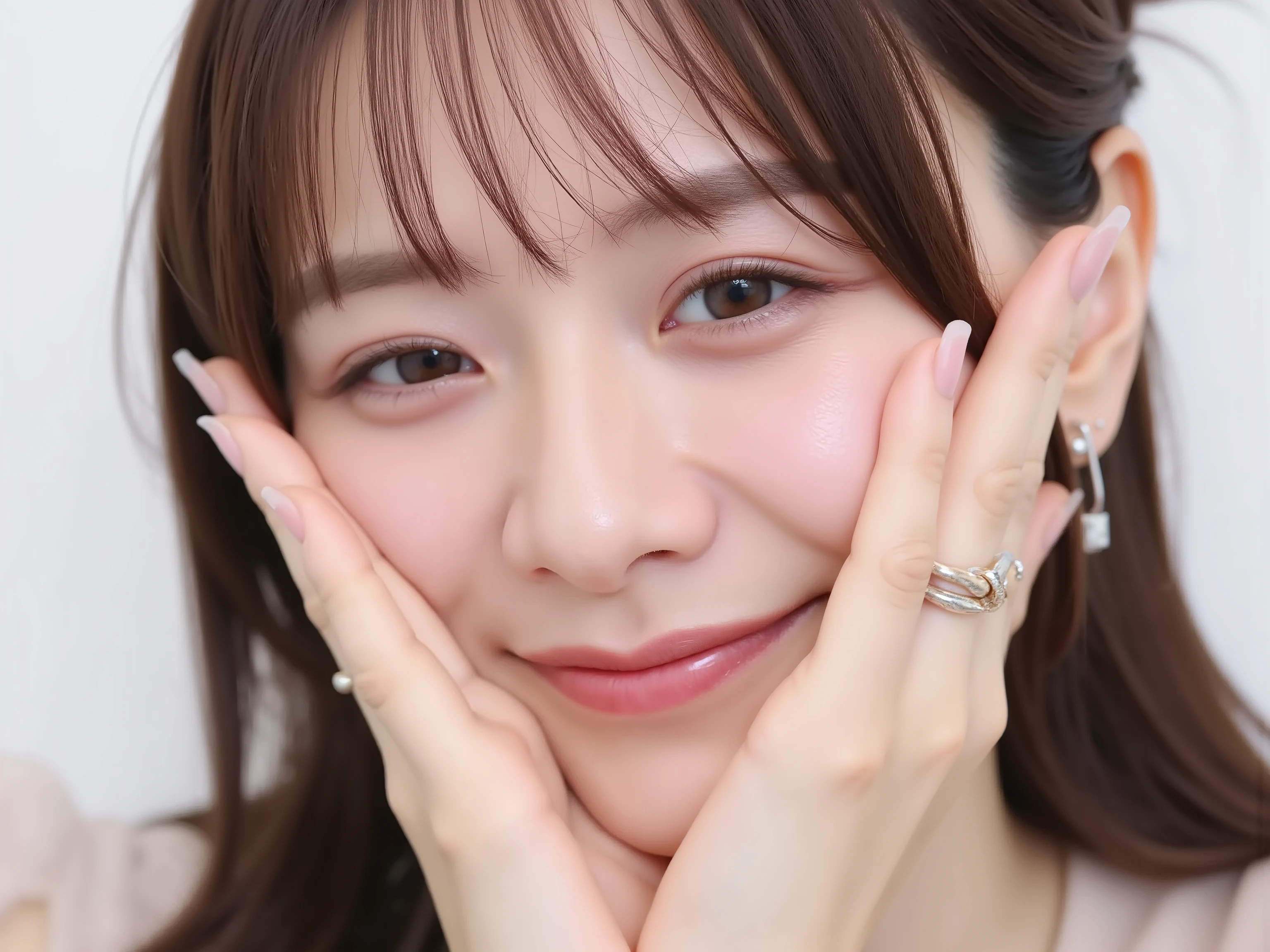 (Refined from an old photo, recreated in a modern, ultra high-quality photorealistic style, with a trendy Reiwa-era hairstyle: soft semi-long hair with natural waves and airy see-through bangs),
Ultra photorealistic close-up portrait of a beautiful Japanese woman,
upper-body shot, wearing a black outfit (completely out of frame, not visible),
shoulders and collarbone softly exposed,
both hands pressing her cheeks in a shy, lovestruck pose,
sparkling eyes gazing dreamily at the viewer with overwhelming affection,
cheeks blushing deeply with a sweet reddish glow,
soft glossy lips curved into a bright, full, lovestruck smile,
expression melting with love, playful, dreamy, adorably bashful,
purely cute and lovestruck, overflowing with affection and warmth,
realistic skin with detailed pores, subtle freckles, natural uneven tones,
tiny imperfections for realism, soft peach fuzz visible,
hair rendered with individual strands, slightly messy flow, natural matte shine,
soft diffused cinematic lighting, natural depth,
background pure white with gentle blur,
(masterpiece, best quality, high resolution, intimate romantic close-up, cinematic magazine cover style)
