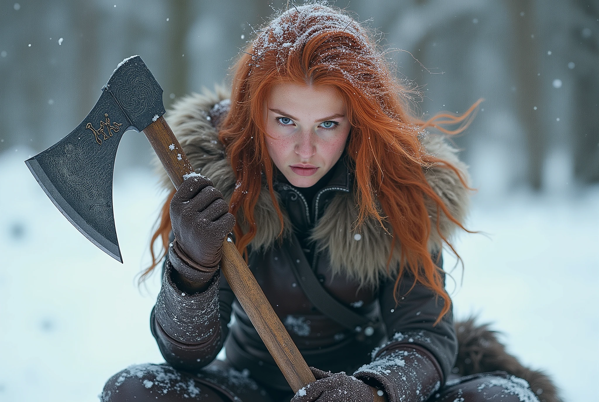 araffe woman 17 yo in cosplay sitting in the snow with a axe, very beautiful female barbarian, a very beautiful viking berserker woman, female barbarian, redhead queen in heavy armor, amouranth, barbarian warrior woman, amouranth as a super villain, red haired goddess, portrait of a barbarian female, кожанные перчатки на руках, пар из рта, мурашки на коже, без косметики,лохматые волосы без укладки, держит свой стальной двуручный топор, снег, реалистичный топор с гравировкой,припорошило снегом,фокусировка на лице,множество мелких деталей,пар из рта,мороз,зима,снег,в полный рост,сидит на снегу у костра,гиперреализм,