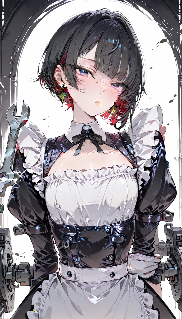 (((Masterpiece, top quality, super detailed))), One female, (((Very Slender body))) , (((Long, thin legs))), (((short black bob, thick puffy bangs ))), (((very detailed face))), cosmetics-free, small thin nose, small thin-lipped mouth, (((very sharp focused eyes))), large slit precision pale grey eyes, sparkling like jewels, Long eyelashes, ((Very decorative intricate mechanical steampunk fashion, Lace Flared , Lace stockings above the knee, Lace Off-shoulder lolita fashion, Overly decorative fashion)), (((overall accuracy has improved dramatically, creating a super detailed and realistic image))), Super realistic photo,(((upper body))),((burning city background)),city,night,the wood,(furious),night,dark,burning town,