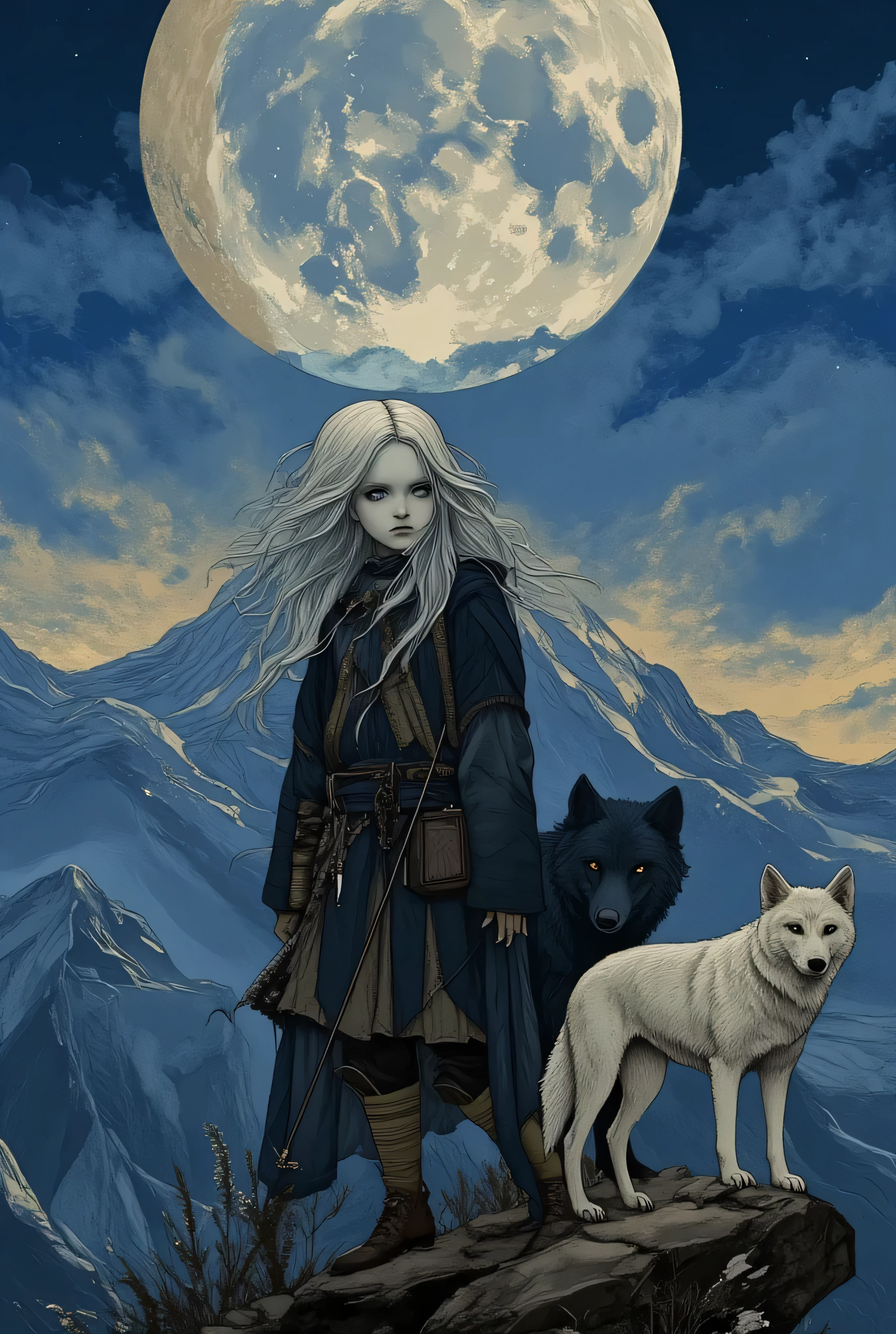 In style of Kilian Eng, Off-center composition,
BREAK
1girl, young girl, That's exactly what I imagine Artemis to be. A lone figure standing on a mountain pass, accompanied by wolves. wide shot, portrait,
BREAK
Standing on top of the mountain pass on a moonlit night, she has a calm expression and pale, shining eyes that stare sharply at viewer. Her clothing, apart from the black bear fur, was indistinguishable in the moonlight. The wind is blowing her silver hair softly. Her outline is softly outlined in the moonlight, which also filters through gaps in her flowing hair. She is clad in the dark fur of a bear and carries a bow and quiver.
BREAK
Large wolves stand beside her, obediently.
BREAK
A masterpiece in honour of the great virgin goddess. Madly aesthetic.