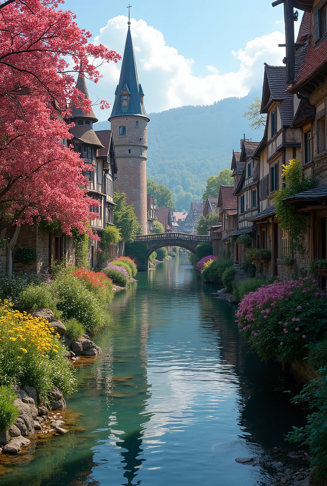 bright colors of flowers, high definition images, villagers walking, high definition images {x} high definition images {x} high definition images {x} high definition images {x} high definition images {x} high definition images {x} high definition images {x} high definition images {x} high definition images {x} high definition images {x} high definition images {x} high definition images {x} main street with shops {x} main street with shops {x} authentic medieval medieval architecture {x} authentic medieval medieval architecture {x} intricate details {x} spectacular dramatic expressions in an intense style, small village, bright colors of flowers, screen environment, solid buildings, flowery facades, solid buildings, Gothic bridges, clear river, crystal-clear water, high definition images, super sharp, spring atmosphere, realistic shadows, flowery facades, excellent image quality, high definition images, photorealistic rendering, high definition images