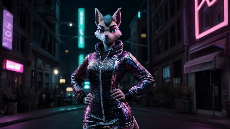 a picture of ((krystal)), Star Fox-Krystal, lovable, green eyes, ((( long blue hair 1 .3))), Decollete, anthro, Fuzzy, detailed Fluffys fell, detailed face, (Fluffy), 1 girl, Alone,punk hair,Goth-Stil)),dunkles Make-up, wild expression ,wild hair,Earrings,Leather jacket,Faded jeans ,belt with rivets,Combat boots, grungy background , nervous atmosphere , urban environment , night lighting , purple highlights in hair