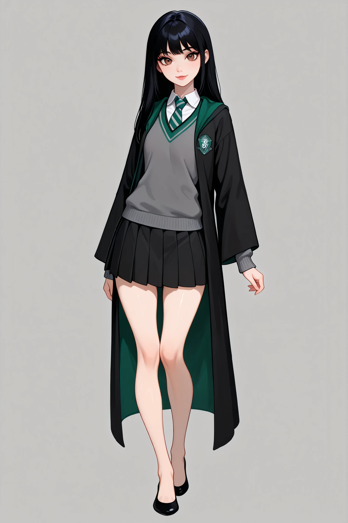 score_9, score_8_up, score_7_up, best quality, masterpiece, 4k resolution, 1girl, solo, youthful, beautiful, full body, long straight hair, pitch black hair, brown eyes, sharp eyes, looking at viewer, elegant posture, bare legs, smooth body, clean skin, hogwarts uniform, slytherin, black robe, necktie, striped necktie, collared shirt, sweater, pleated skirt, grey sweater, flats, ballet shoes, black shoes, vibrant expression,