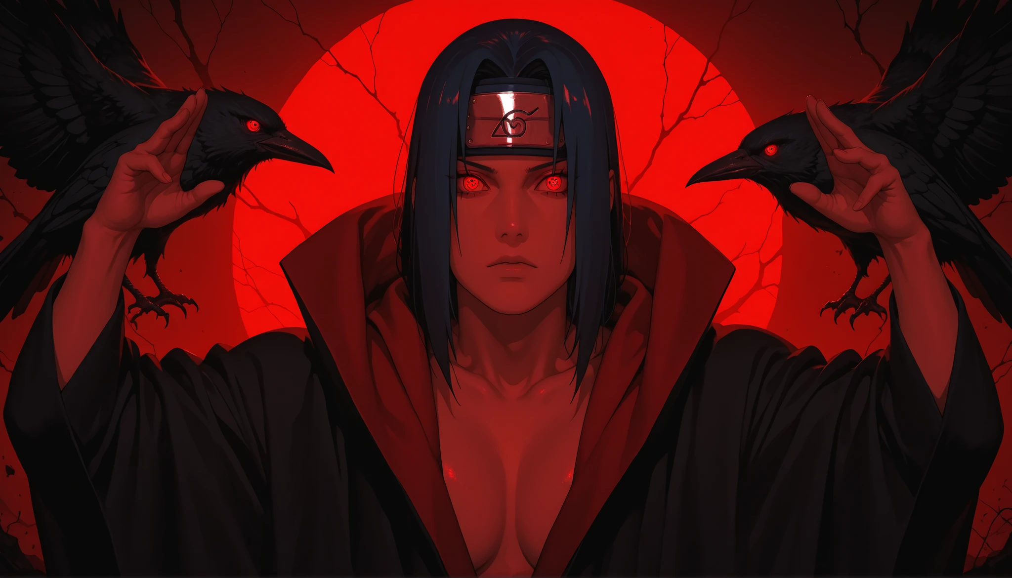 score_9 , score_8_up , score_7_up (best quality, highres, ultra-detailed:1.2), HDR, vivid colors, High contrast, 4k resolution, Masterpiece, amazing artist, hyper-detailed, newest, very aesthetic, perfect hands, perfect face, ((perfectly detailed eyes:1)), Adult male, Itachi uchiha (Naruto Shippuden), masculine, male face, blue hair, forehead protector, red sharingan eyes, detailed eyes, akatski robes, solumn pose, side view, over the shoulder, looking away from viewer, bust shot, crows in background, dark woods background, monochrome, nighttime, dark, red lighting,