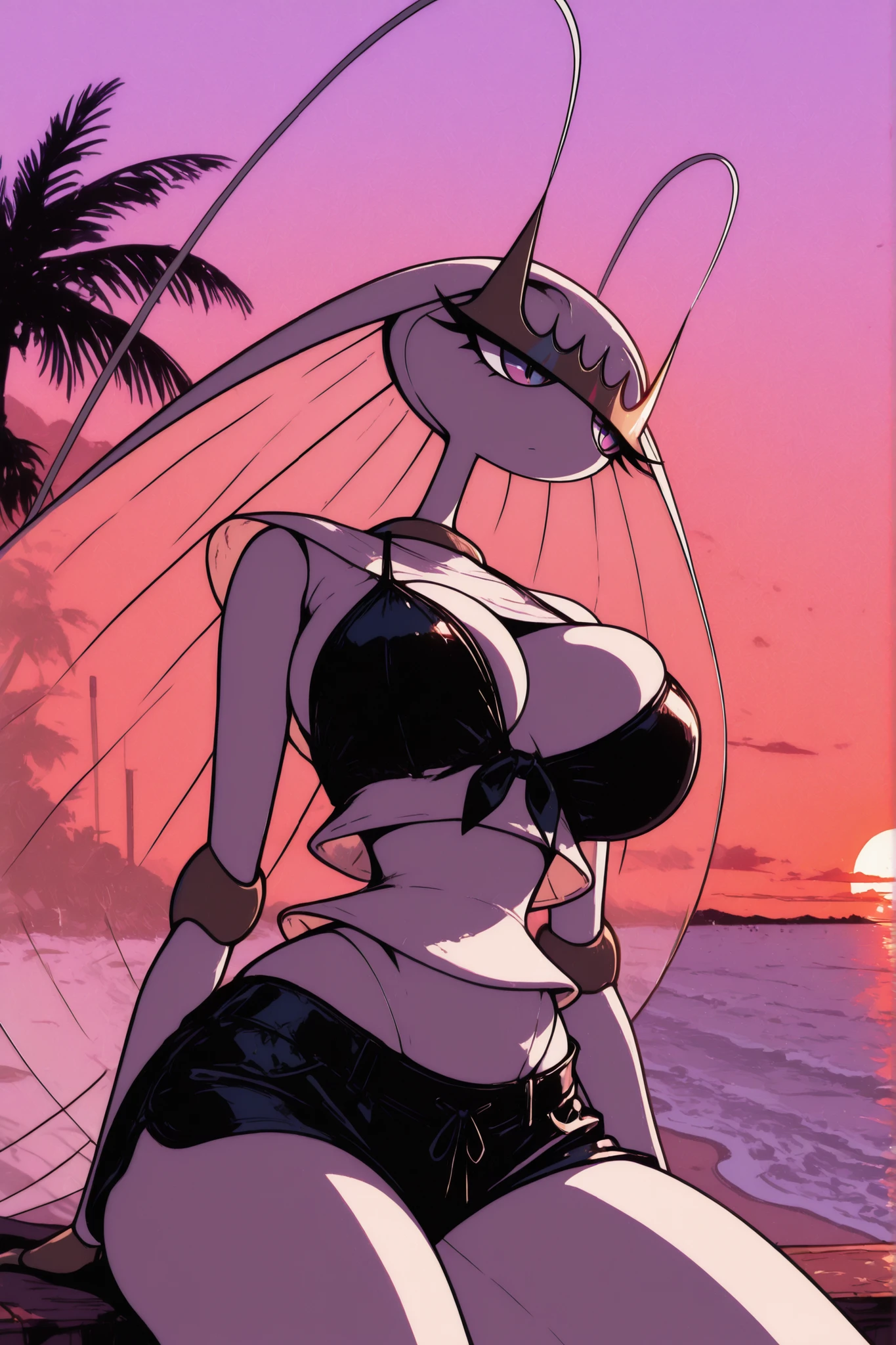 ((Pheromosa from Pokemon)), White Body, Beach Background, Sunset,{{hyper Breasts}}, Wide Hips, Thin Waist, Very Thin Waist, ((Wasp Waist)), Solo, Aerial View, vibrant colors, cel shading, Simplistic Art Style, solo,black bikini ,(((rating_safe:1.4)))