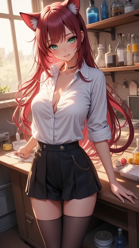 Sunsethuman, Sunset Shimmer, Sunset Shimmer from my little pony, Sunset Shimmer in the form of a girl, ??????????????, lush ???????, voluminous ???????, elastic ???????, five fingers, detailed hands, two hair tones, red-yellow hair, seductive smile, full body, skirt, shirt, white button up shirt, jacket, ??????????, revealing ???????, flashing, in a cafe, holding shirt open, ???????, bedroom eyes, pantypull, pantydrop, panties