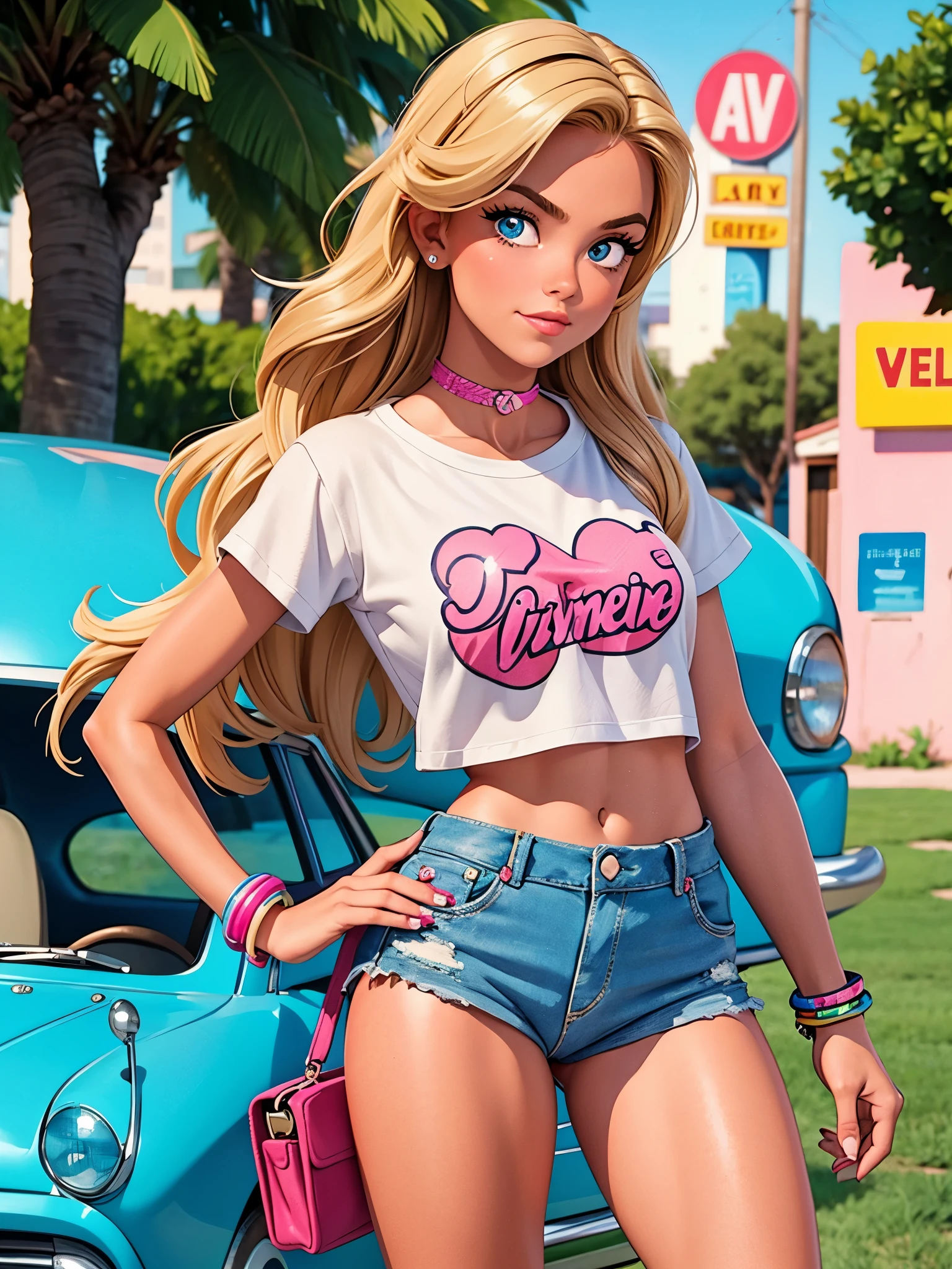 Teenage girl-model 1, beautiful, tanned, blonde, medium hair, pretty eyes, beautiful figure, girl wearing tight crop shirt and too short mini shorts, beautiful long legs, slave bracelets, slave choker, manicure, cute makeup, flirtatiously posing, hot summer, hot flirty, sexy posing, summer outfit, top quality, higest quality, pin-up style, retro 80s style, Daisy Dukes style, Miami vibes, Californian, shirt pull