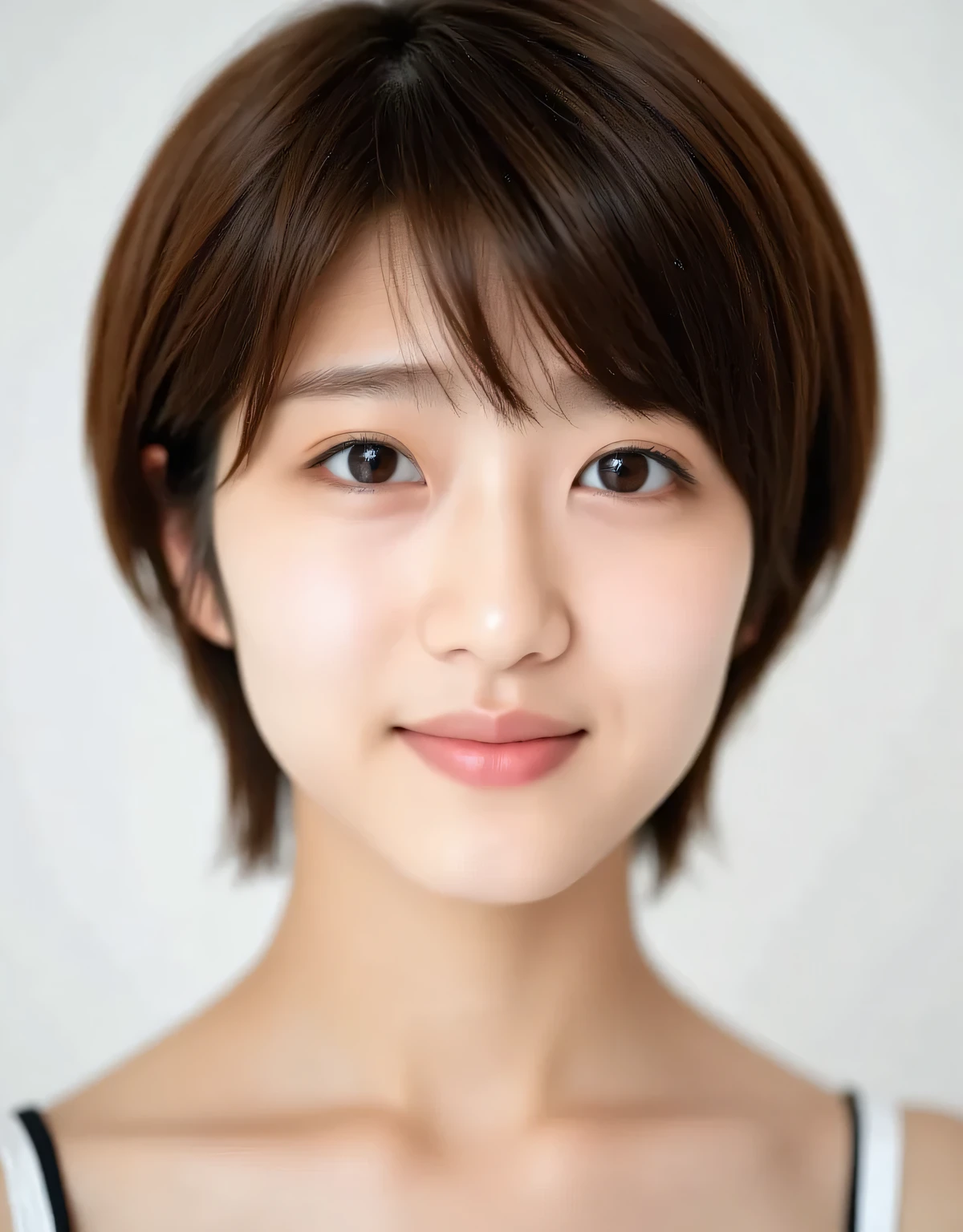 Raw photo, reality, ((staring)), ((focus on face)), ((close-up)), front view, Japanese woman, smiling in the sun, ((brown hair color, short hair, hairstyle)), tank top, beautiful collarbone, unedited, live action, authentic, cute young girl, beautifully reflective eyes, beautifully detailed lips, very delicate eyes and face, long eyelashes, smiling in the faint sun, simple white background, natural light