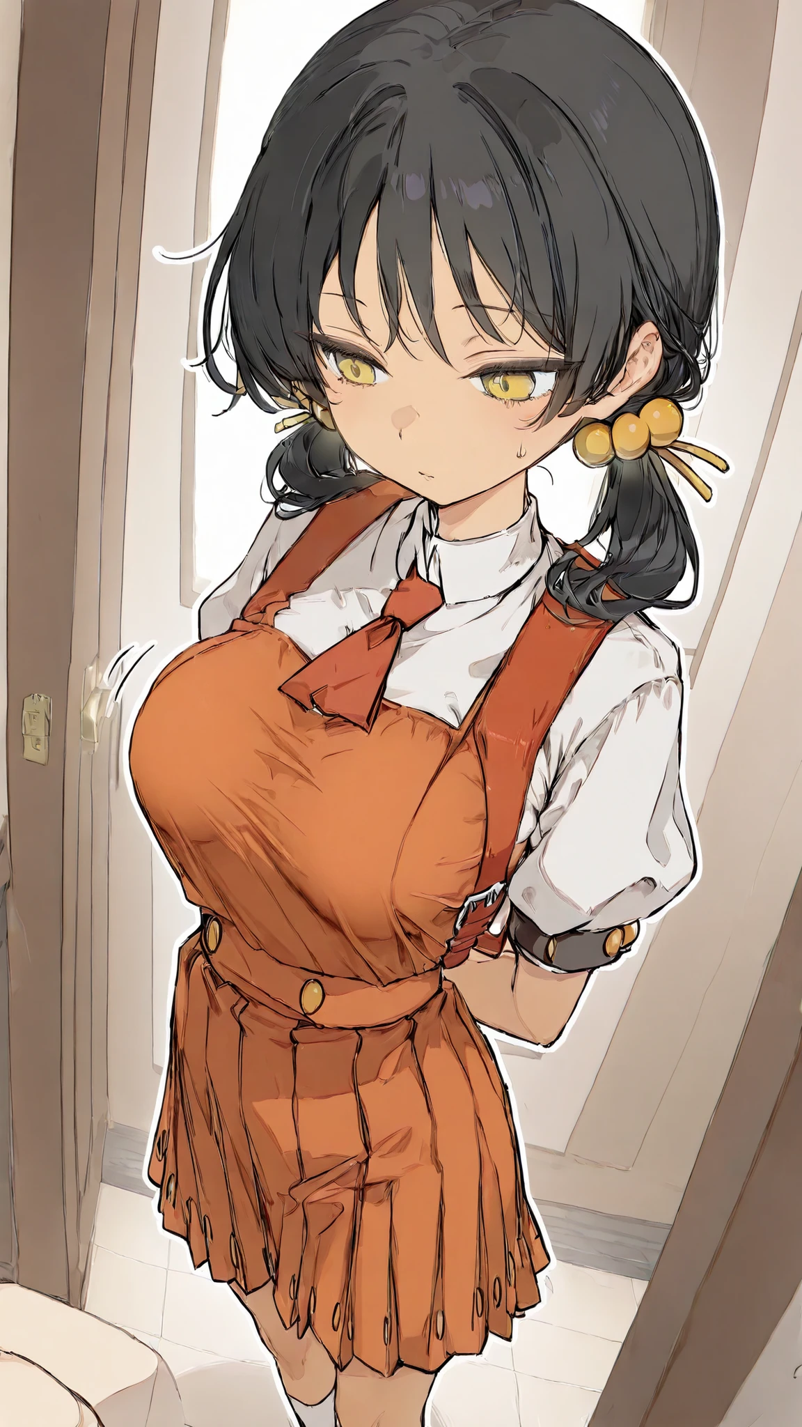 ,(kaaiyuki-default,kaai yuki,yellow eyes,black hair,short low twintails,) 、。Lori Big Breasts、elementary school student、soft touch、Circle々The outline of the face。Standing picture。