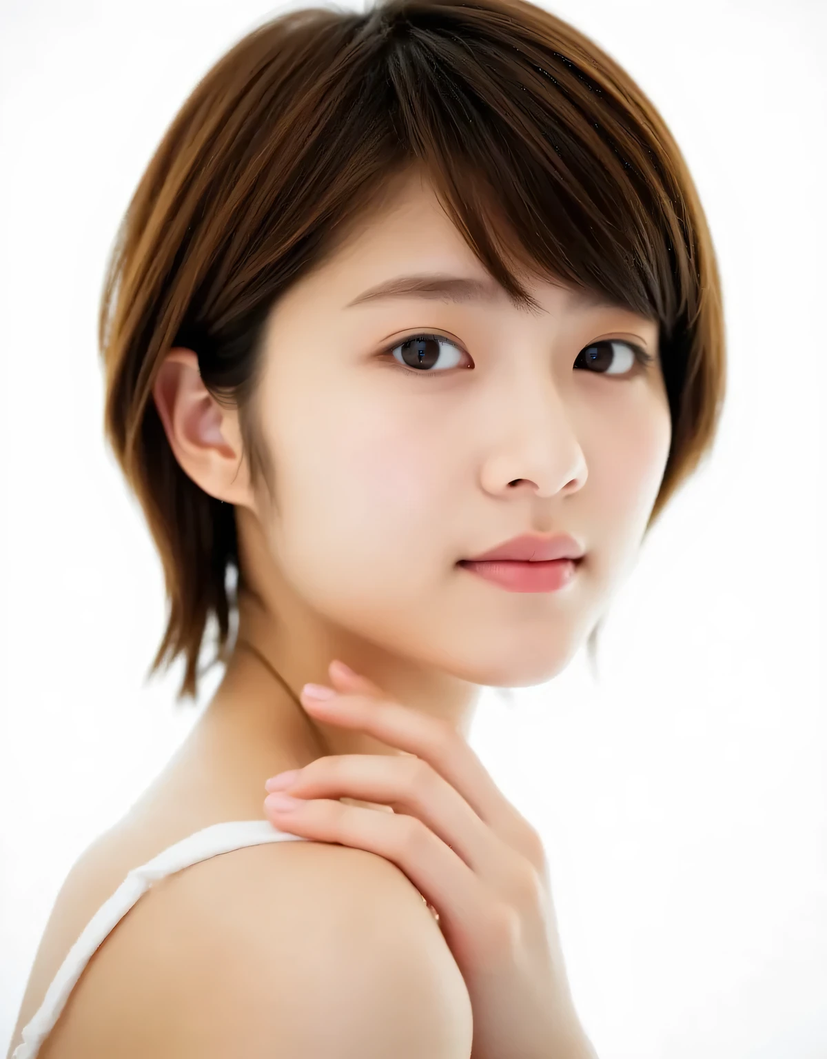 Raw photo, reality, ((staring)), ((focus on face)), ((close-up)), front view, Japanese woman, smiling in the sun, ((brown hair color, short hair, hairstyle)), tank top, beautiful collarbone, unedited, live action, authentic, cute young girl, beautifully reflective eyes, beautifully detailed lips, very delicate eyes and face, long eyelashes, smiling in the faint sun, simple white background, natural light