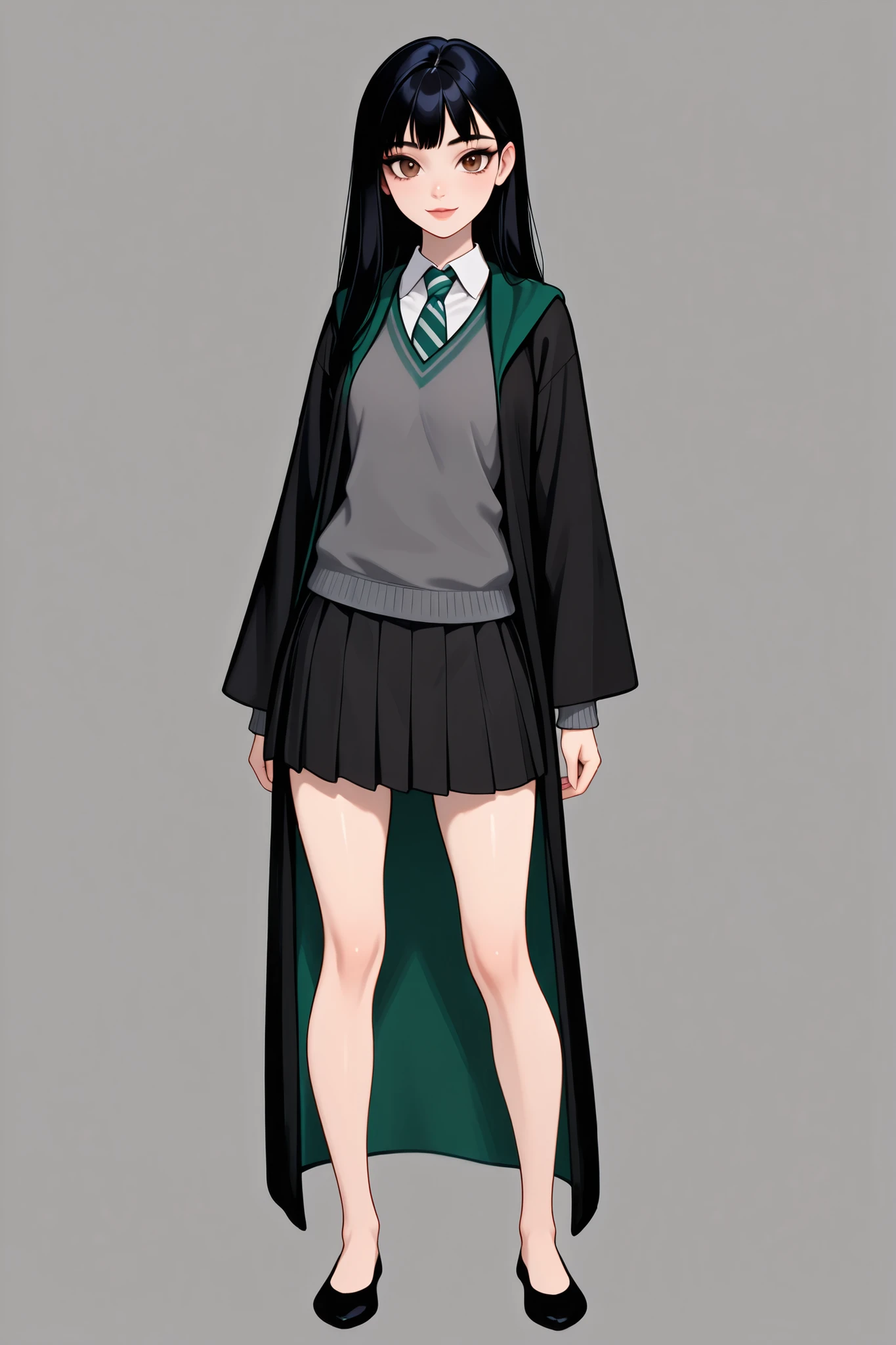 score_9, score_8_up, score_7_up, best quality, masterpiece, 4k resolution, 1girl, solo, youthful, beautiful, full body, long straight hair, pitch black hair, brown eyes, sharp eyes, looking at viewer, elegant posture, bare legs, smooth body, clean skin, hogwarts uniform, slytherin, black robe, necktie, striped necktie, collared shirt, sweater, pleated skirt, grey sweater, flats, ballet shoes, black shoes, vibrant expression,
